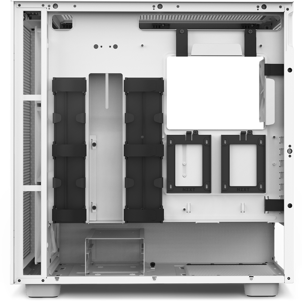 Interior de la caja de PC blanca. Contiene varias correas negras y soportes de montaje.