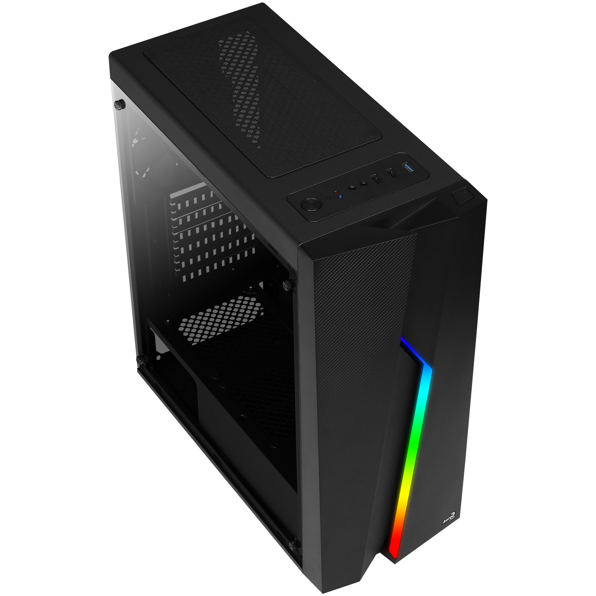 A black computer case with a transparent side panel and a colorful light strip.