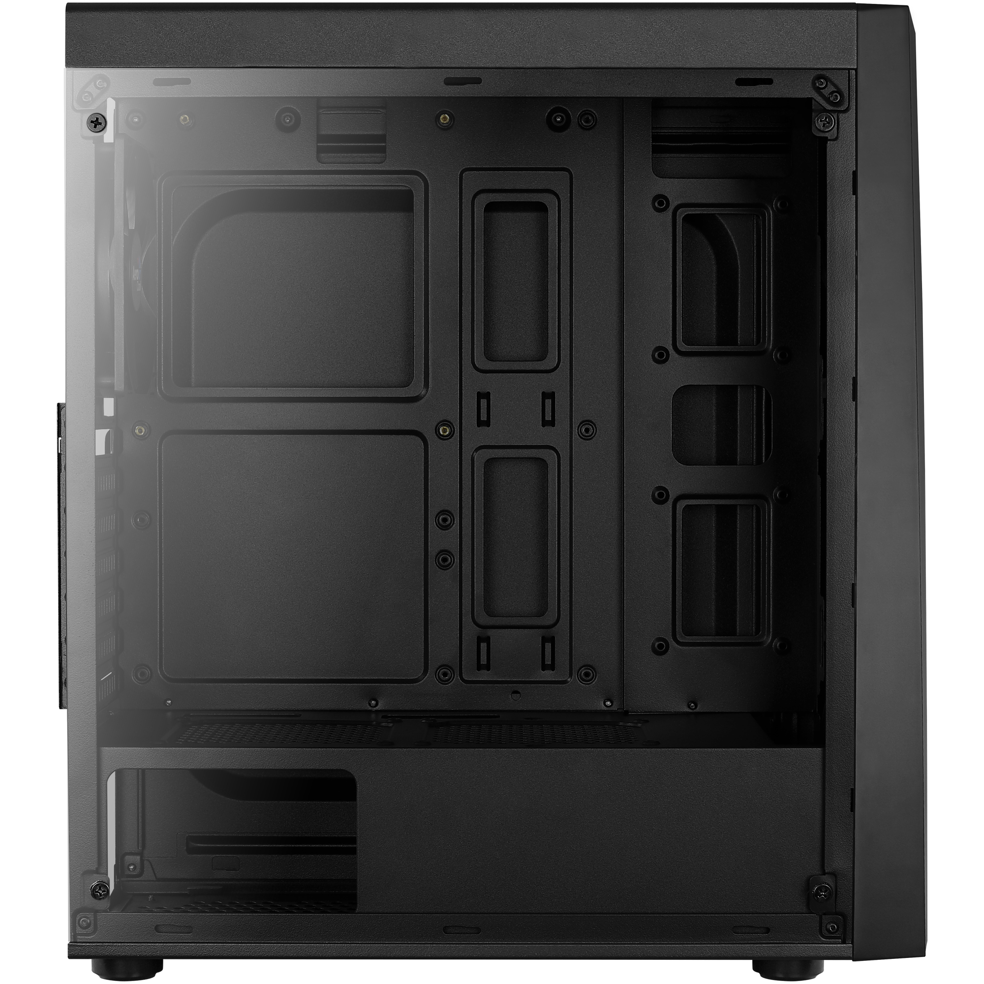 Black computer case interior, with a transparent side panel, showing internal structure and components.