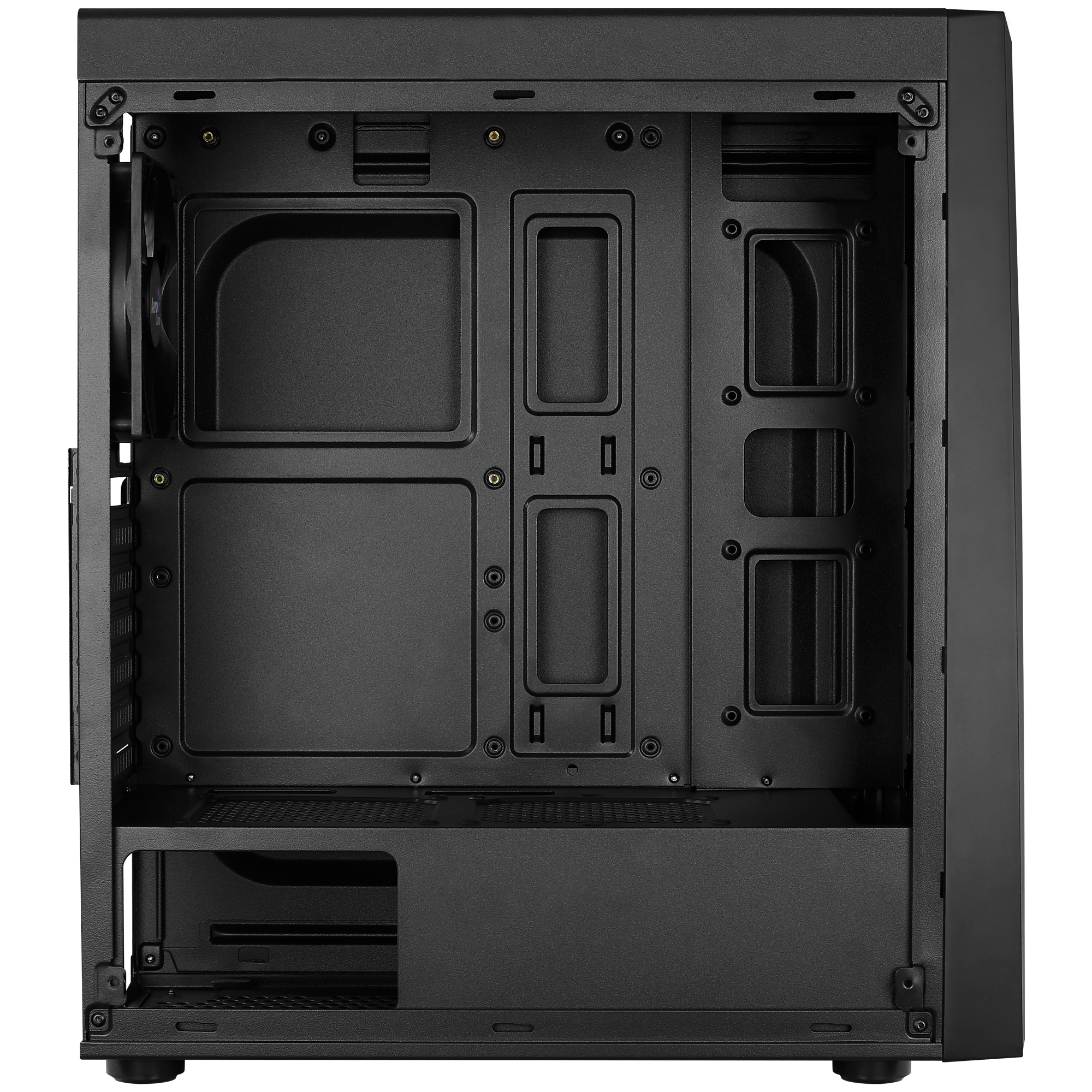 Black computer case interior, showing various compartments and mounting points for components.