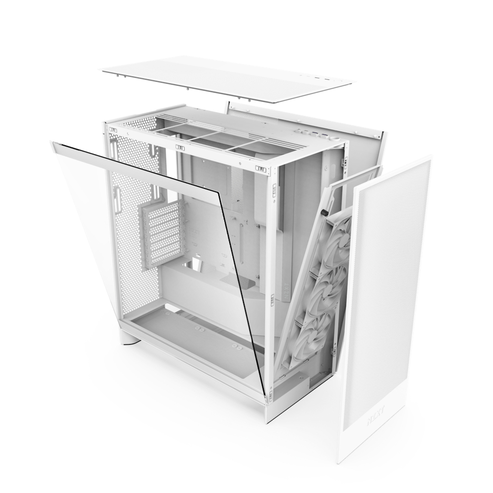 White computer case, exploded view, showing internal components like fans, and frame.