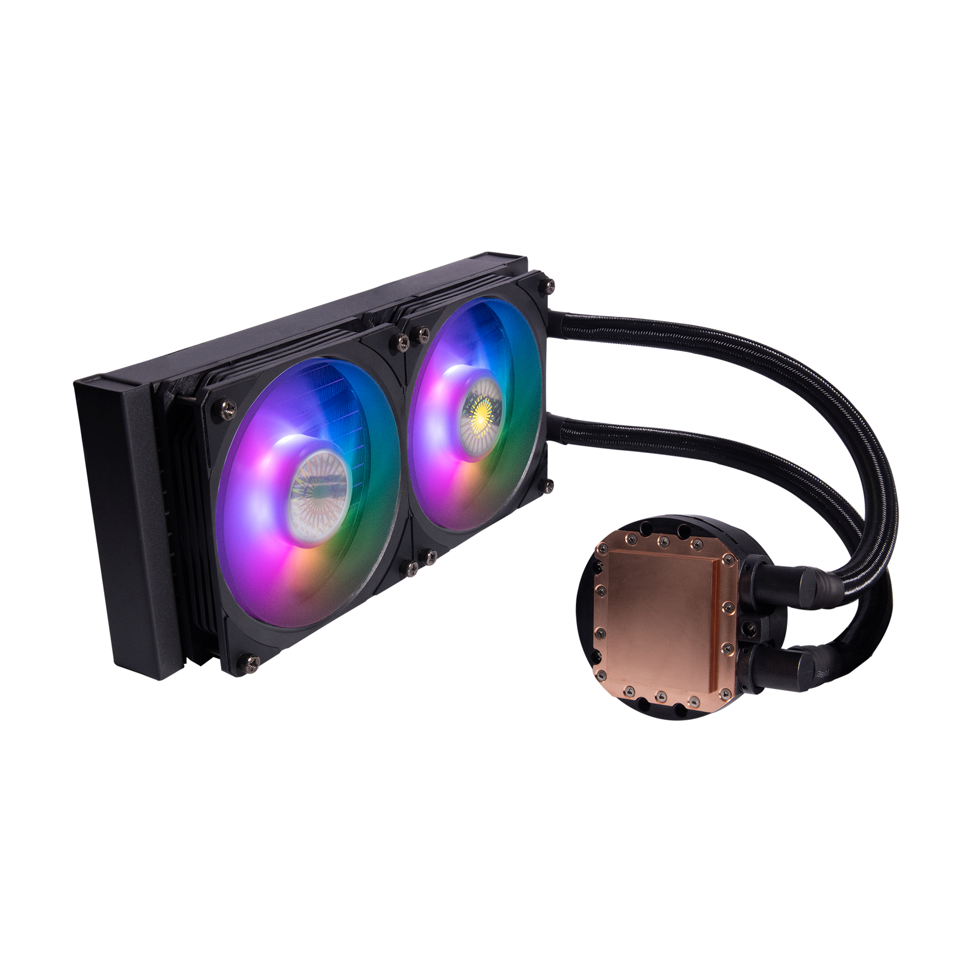 Un radiatore nero con due ventole che emettono luci colorate e un elemento di raffreddamento color rame.