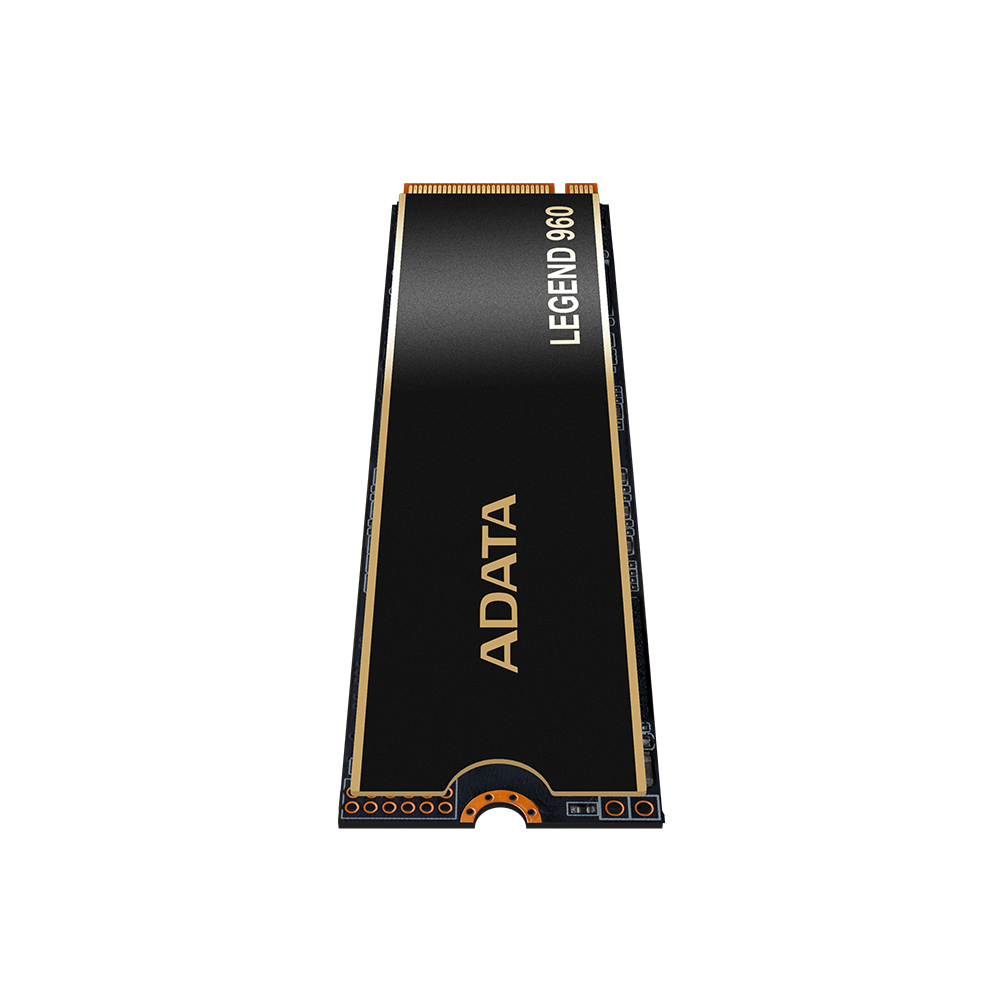 Czarny dysk SSD ADATA Legend 960 na białym tle. Na dysku SSD znajduje się tekst 'ADATA' i 'LEGEND 960'.