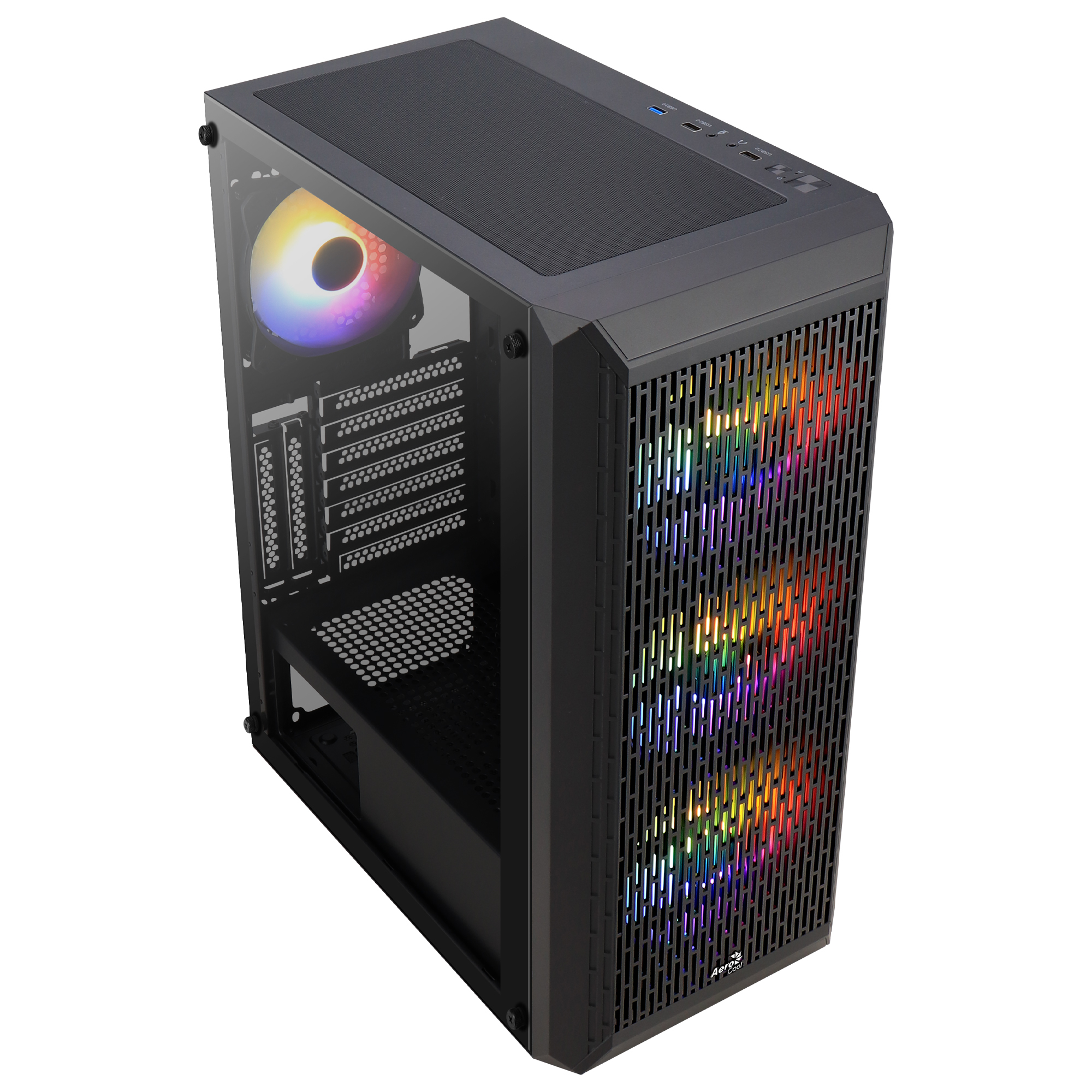 Boîtier d'ordinateur noir avec un panneau latéral transparent. Le boîtier possède plusieurs ventilateurs avec des lumières colorées.