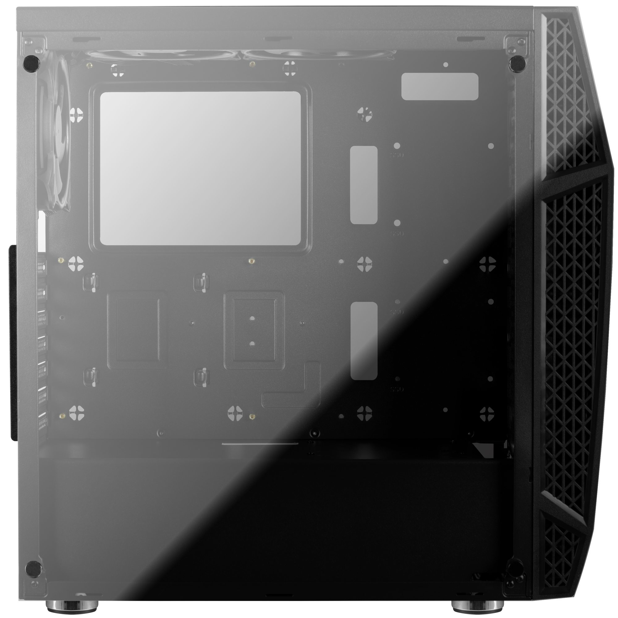 Przezroczysta obudowa komputera. Panel boczny jest pochylony, odsłaniając wnętrze.