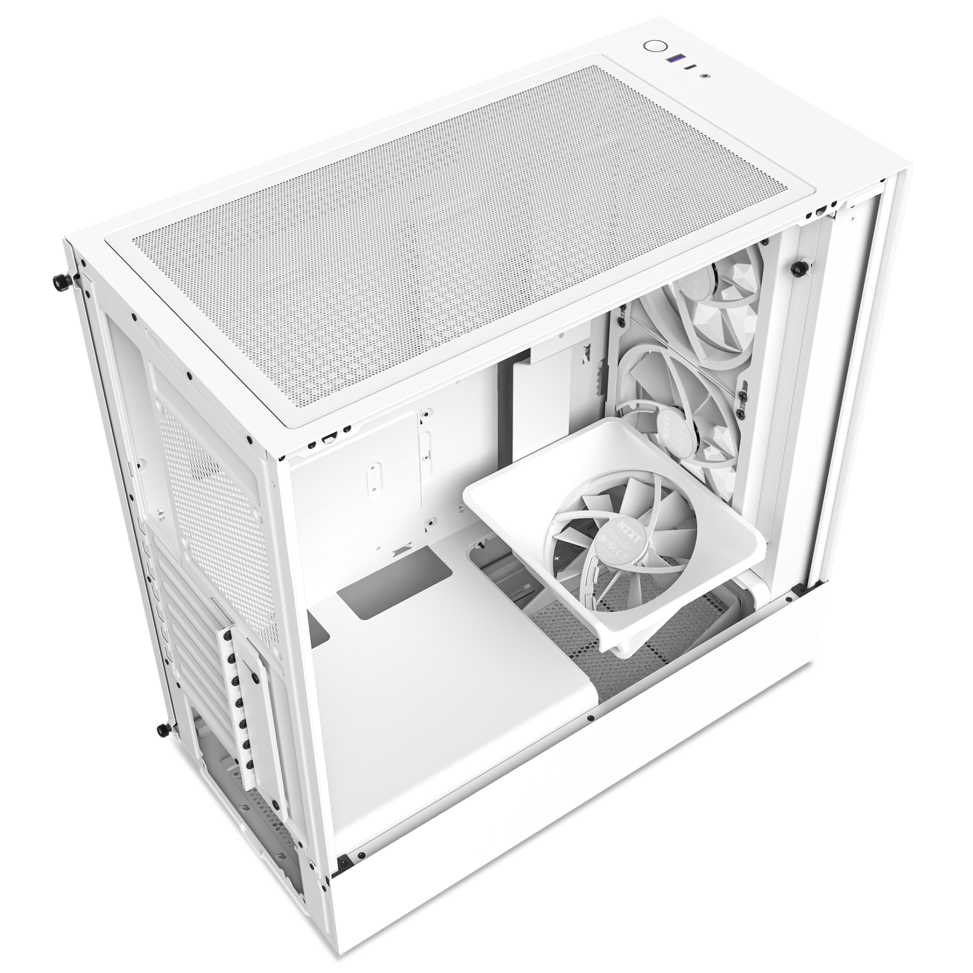 Case per computer bianco, vista dall'alto, che mostra la disposizione interna con ventola e posizionamento dei componenti.