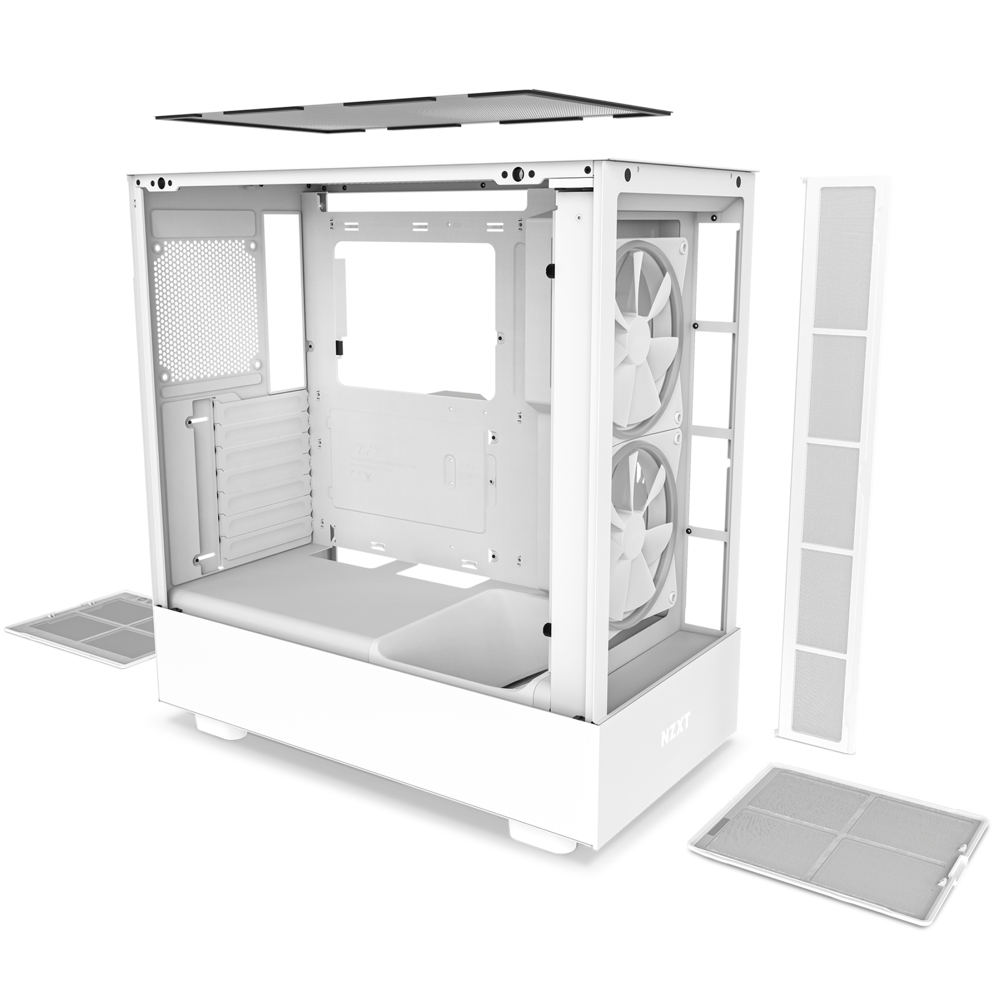Vista esplosa di un case per computer bianco. Mostra pannelli e ventole rimovibili. Modulare e facile da assemblare.