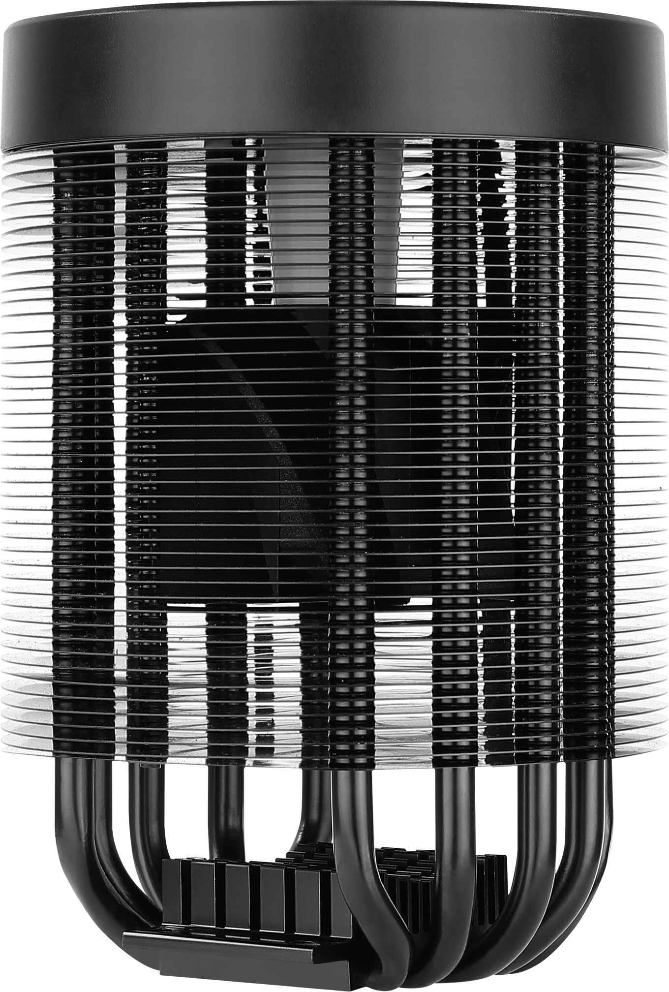 Czarny cooler do PC z wieloma żeberkami i górą, na białym tle, do chłodzenia komputera.