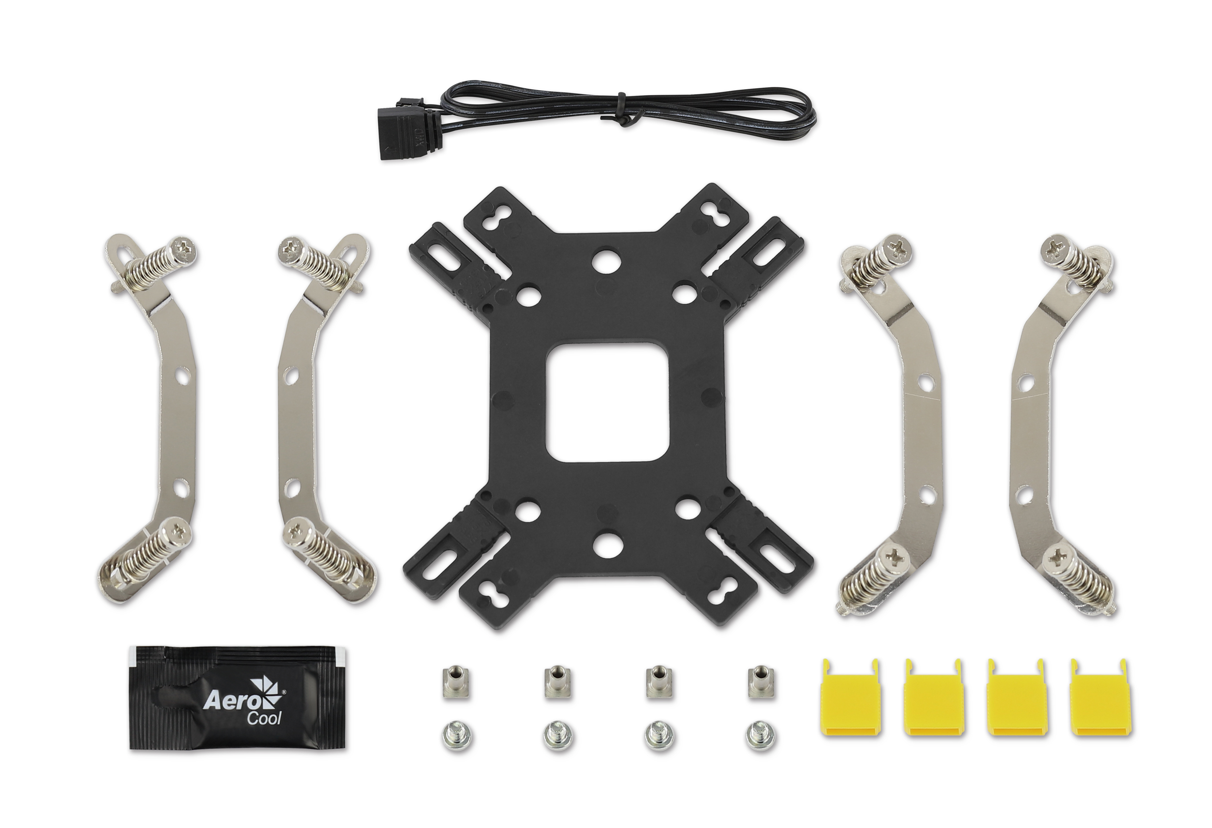 Elementy komputera: wsporniki, śruby i czarna kwadratowa płyta montażowa.