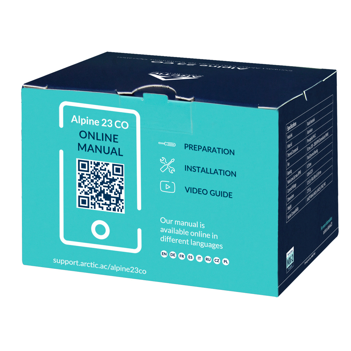 Doos met productdetails, QR-code en online handleiding. Kleuren: blauw, wit en zwart.