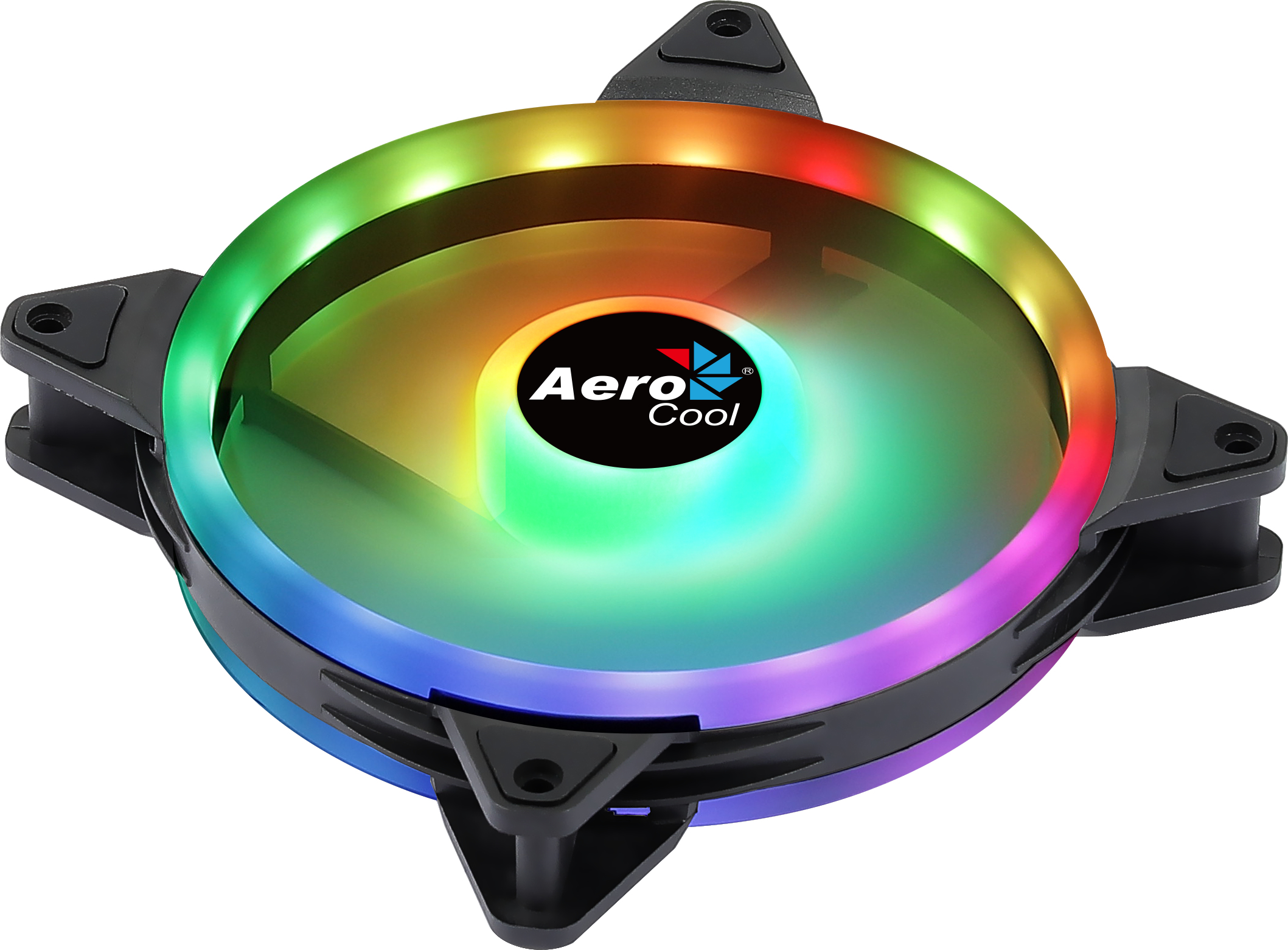 AeroCool Computerlüfter mit RGB-Beleuchtung. Der Lüfter ist schwarz mit bunten Lichtern.