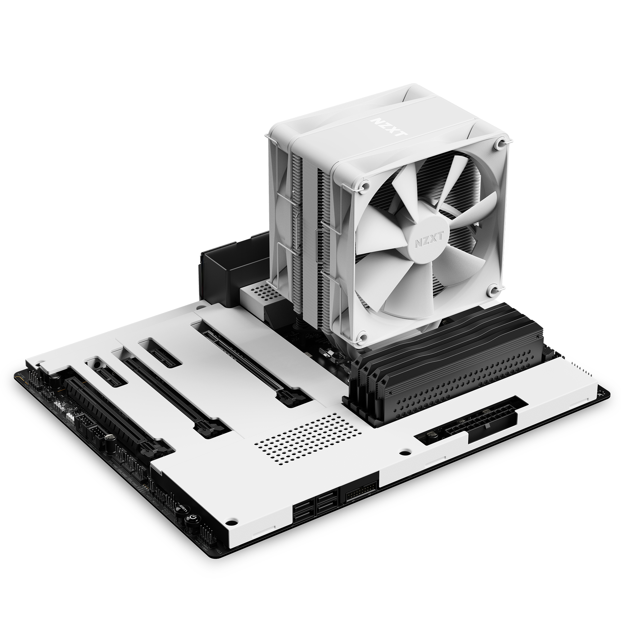 Een witte NZXT CPU-koeler gemonteerd op een wit moederbord, met zwarte componenten.