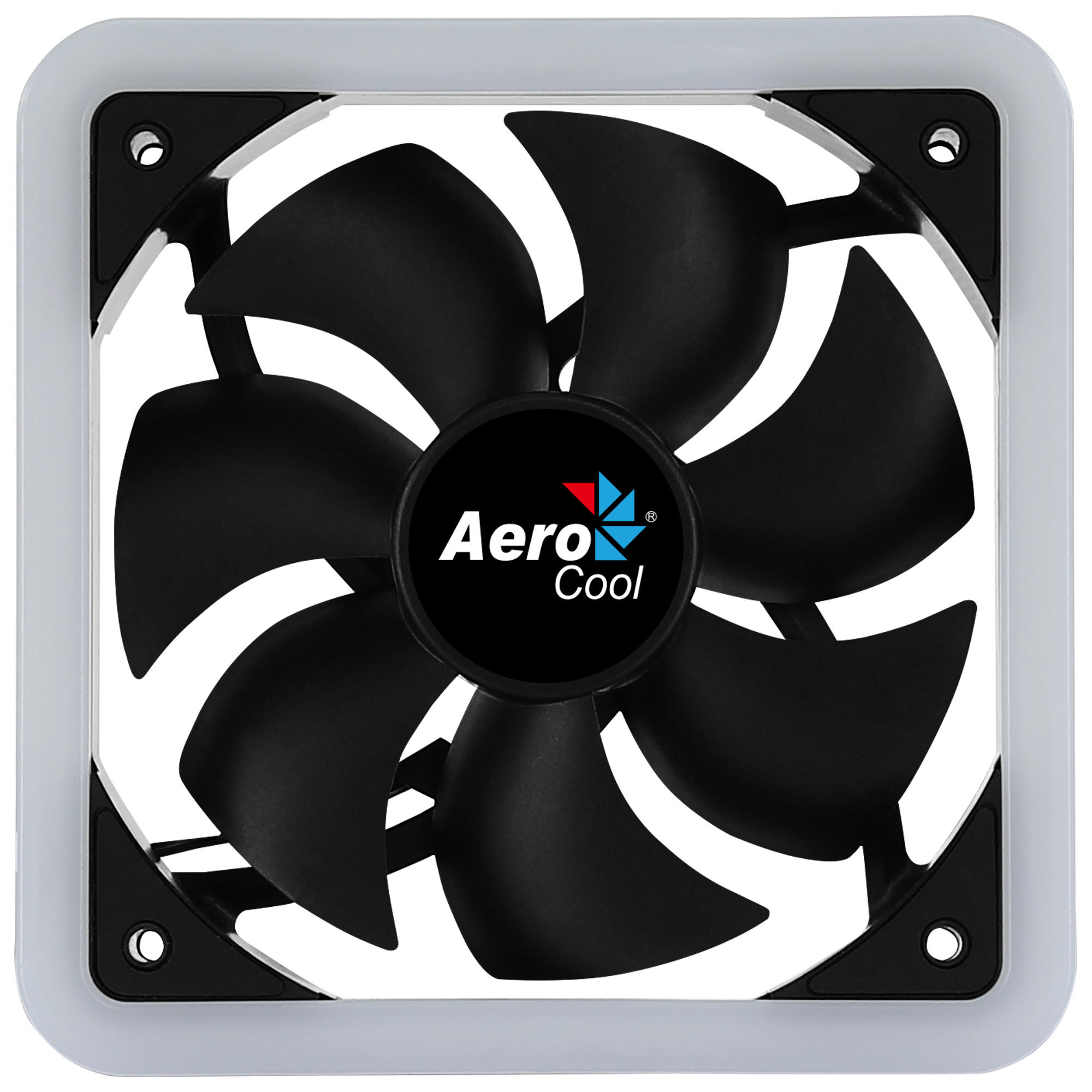 Ventola del computer con pale nere e telaio bianco. La ventola ha un logo al centro.