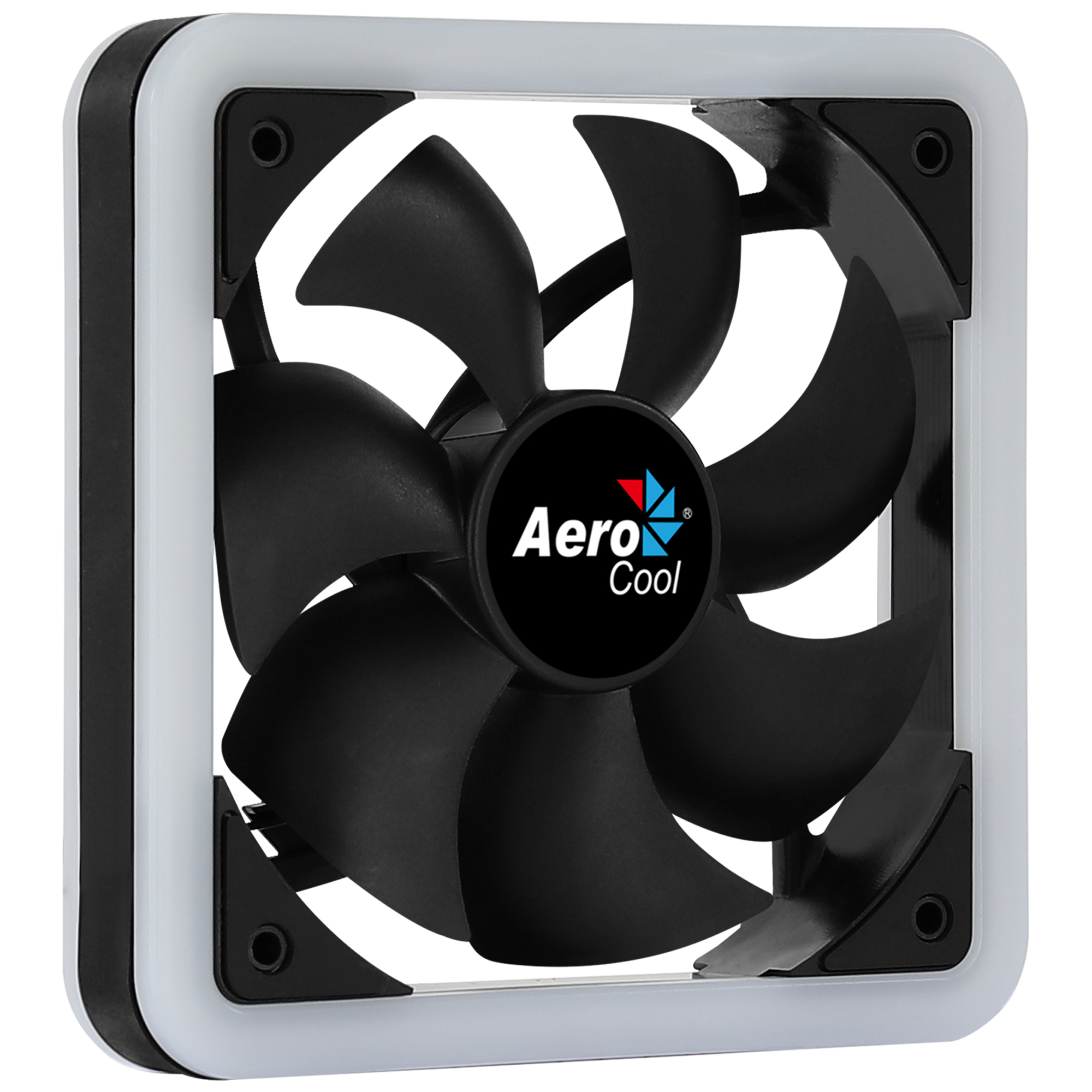 Ventola per PC AeroCool con pale nere e cornice LED bianca. Forma quadrata con viti visibili.