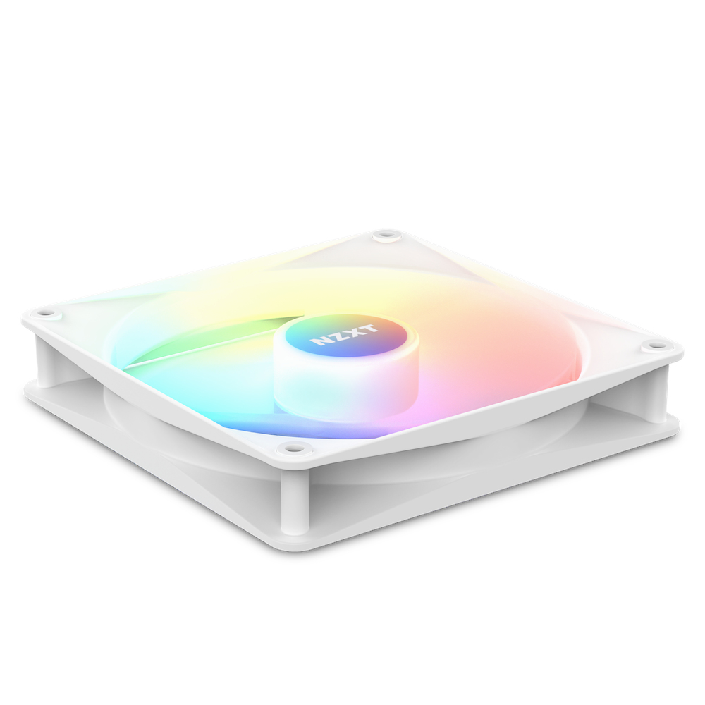 Una ventola bianca con un arcobaleno di colori nelle pale. Il centro della ventola ha il logo 'NZXT'.