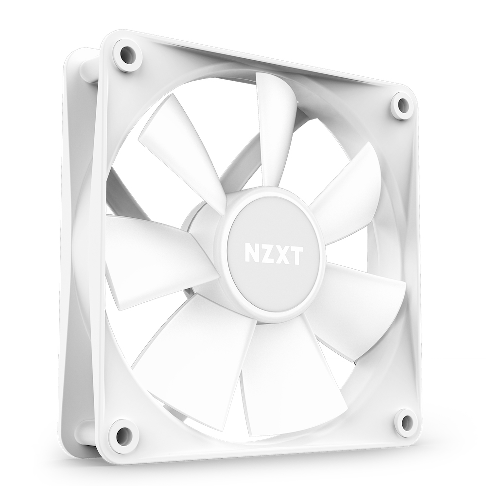 Una ventola per computer NZXT bianca. La ventola ha un telaio quadrato e un logo centrale.
