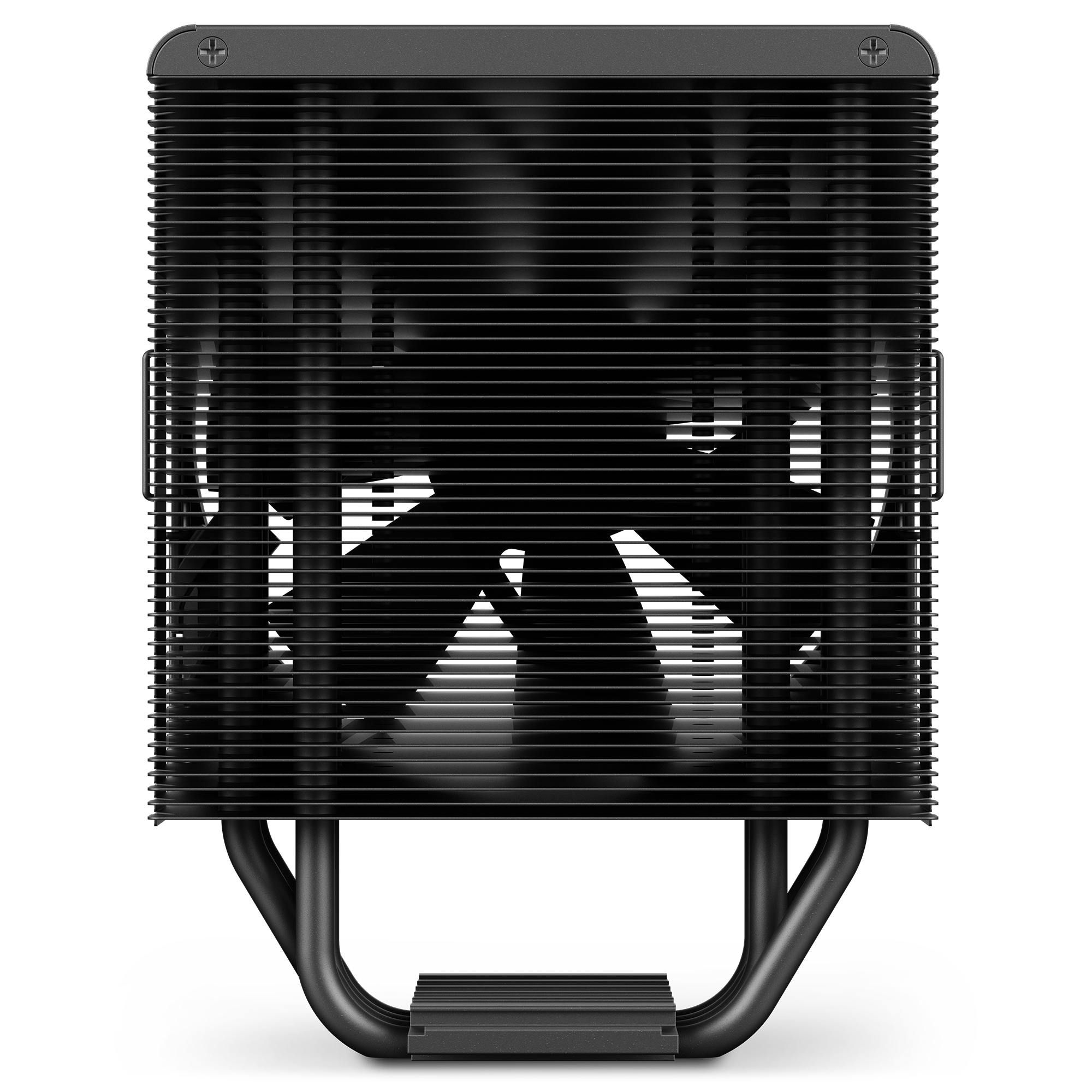 Black CPU cooler with many thin fins and a fan in the center.