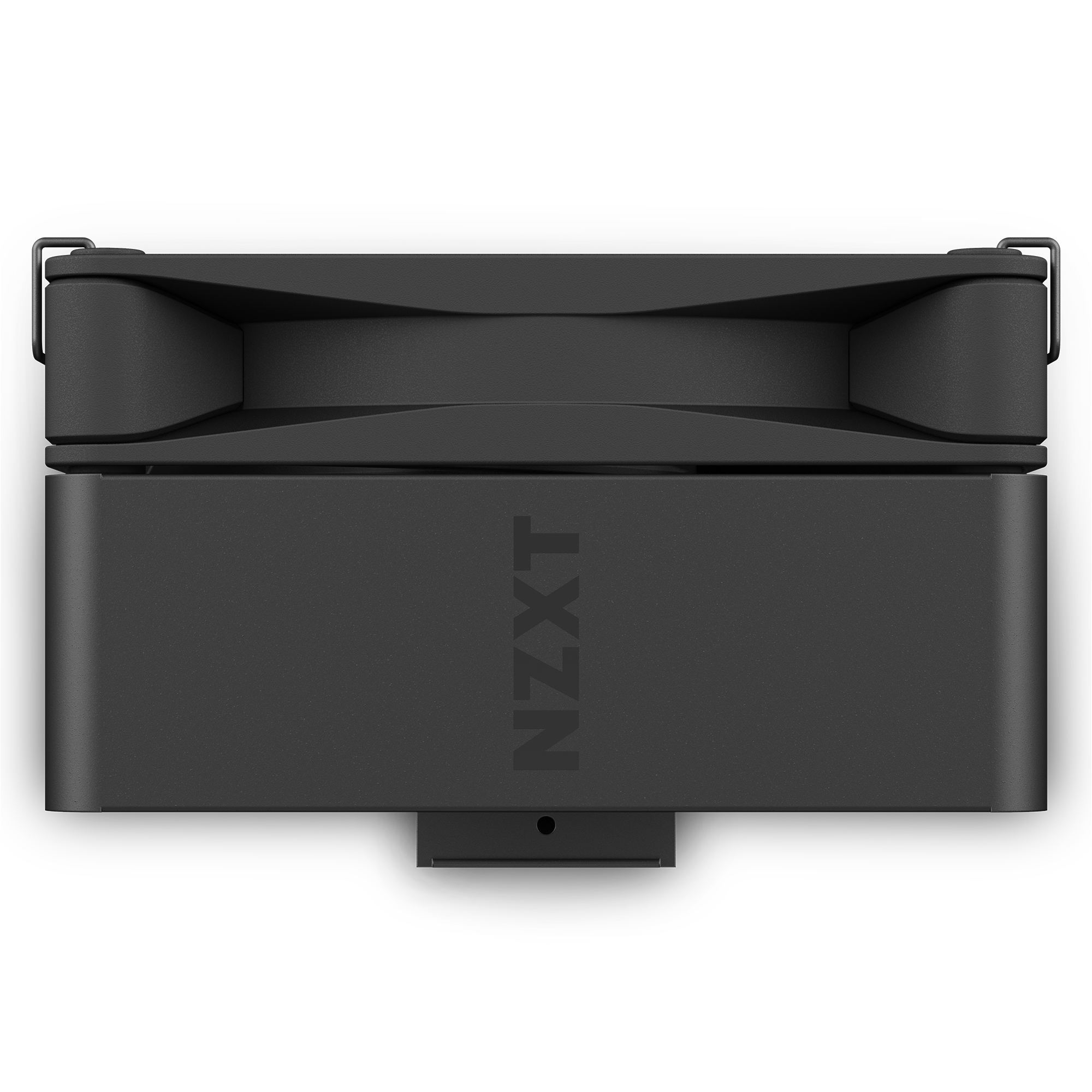 Top-down view of a black NZXT computer cooler, with the brand name prominently displayed.