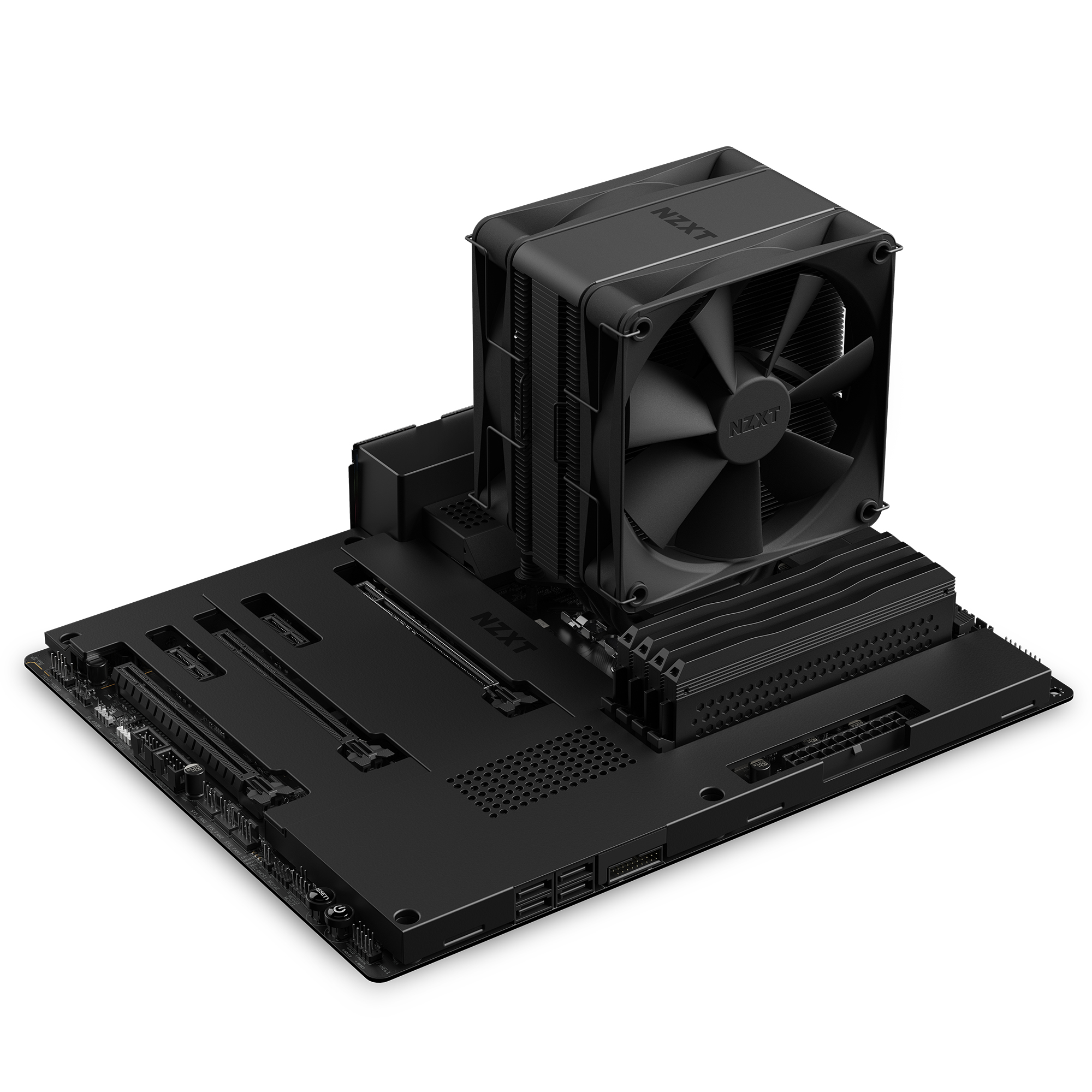 Black computer CPU cooler mounted on a black motherboard.