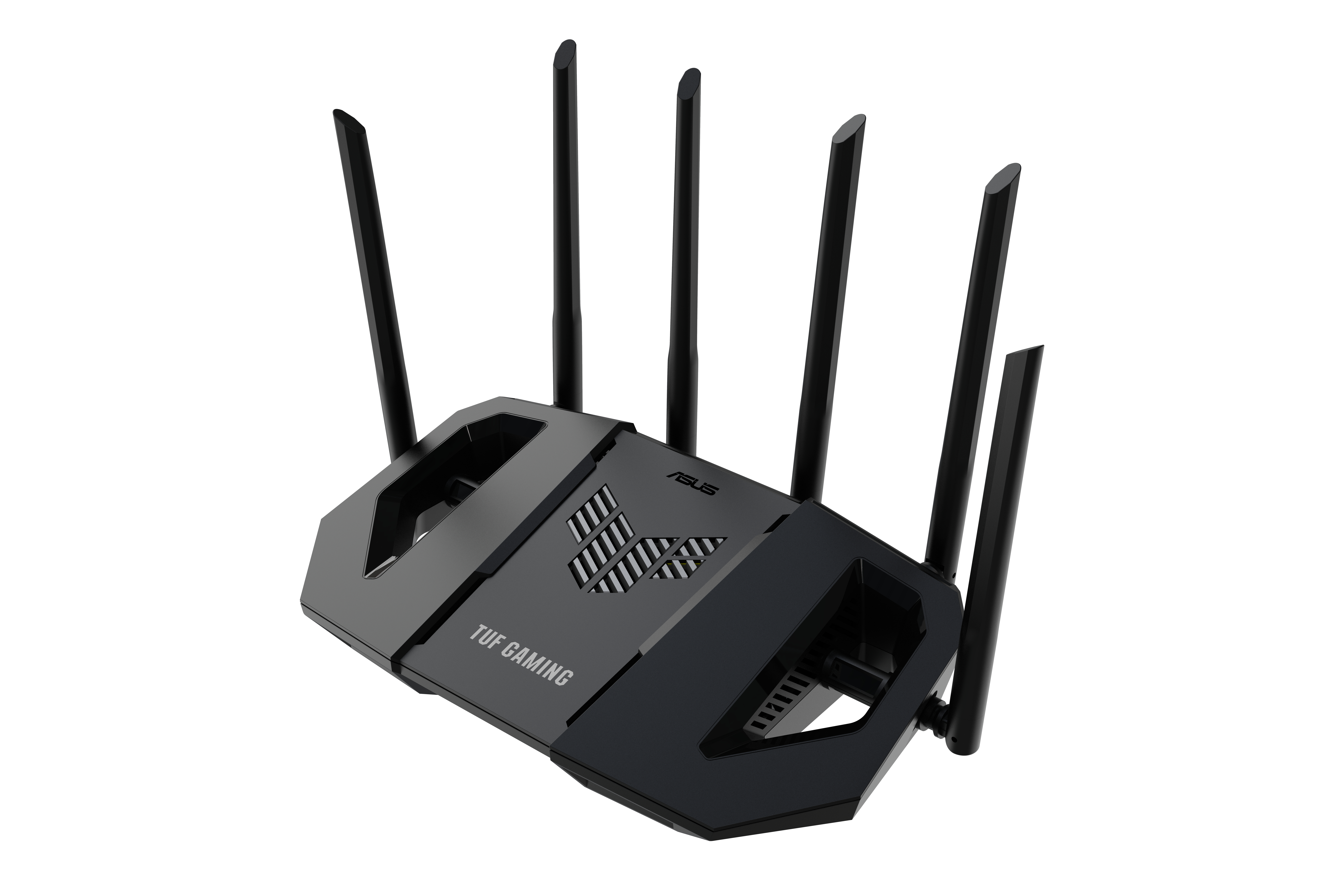 Schwarzer ASUS TUF Gaming Router mit sechs Antennen. Der Router ist auf weißem Hintergrund.