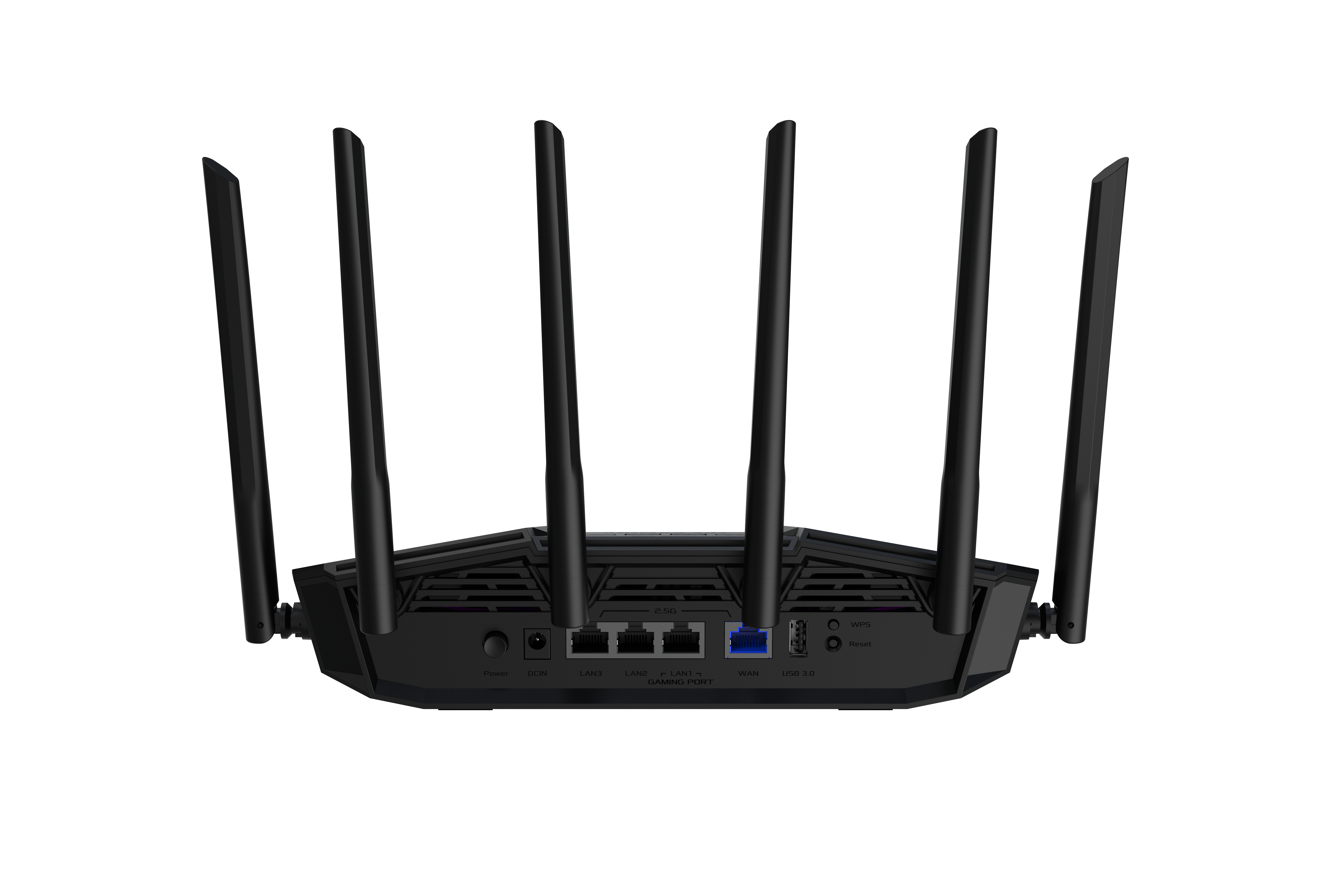 Schwarzer Router mit Antennen, Anschlüssen und Ein-/Aus-Taste. Weißer Hintergrund. Draufsicht.