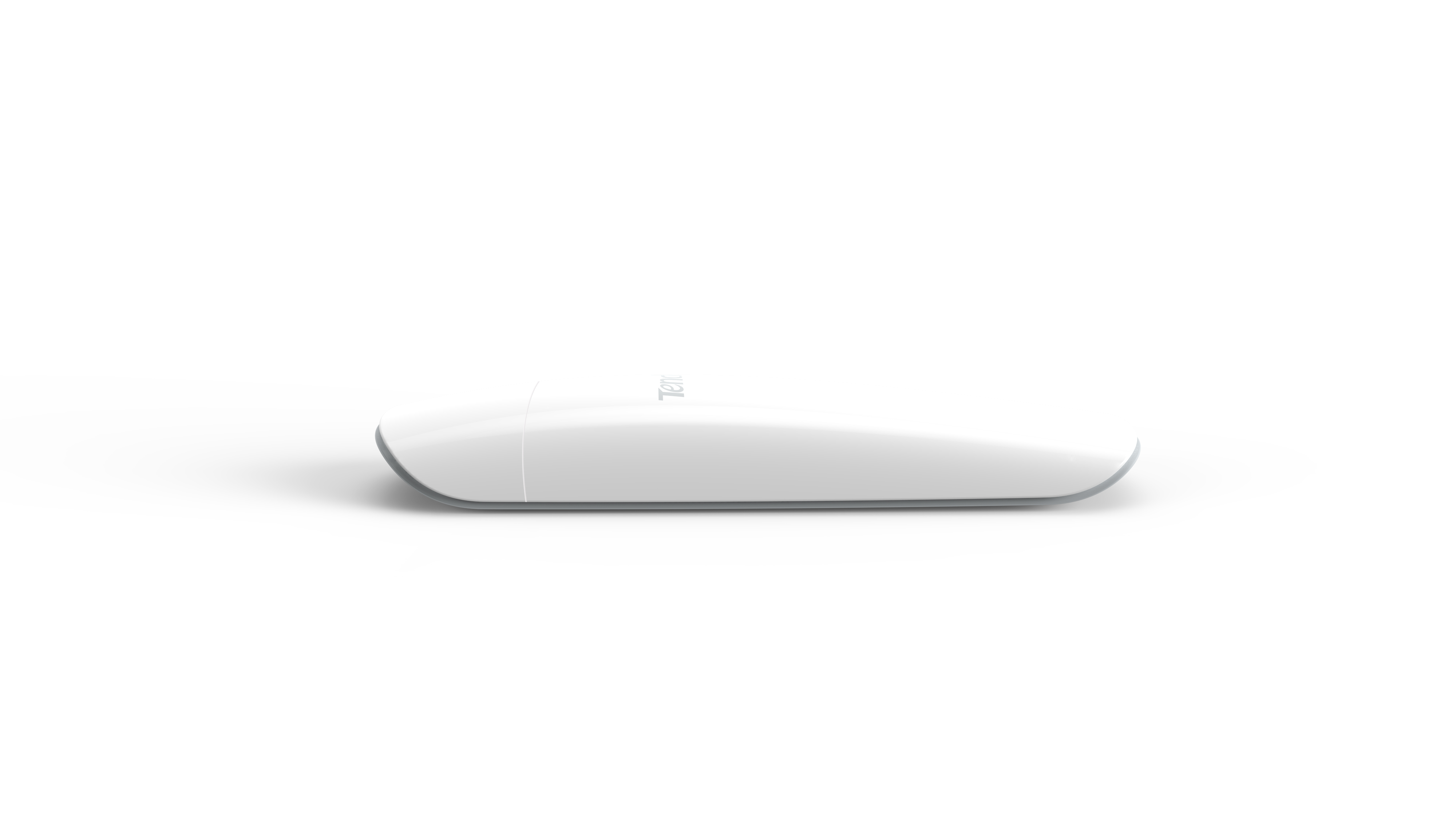 Un dispositivo bianco dal design elegante su sfondo bianco, probabilmente un modem o router.