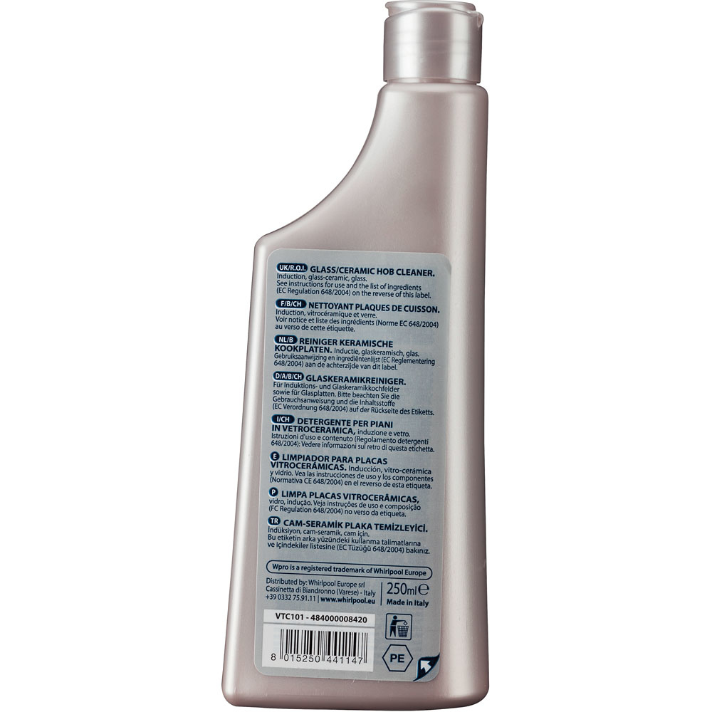 Botella de limpiador para vitrocerámica con texto multilingüe y fondo blanco.