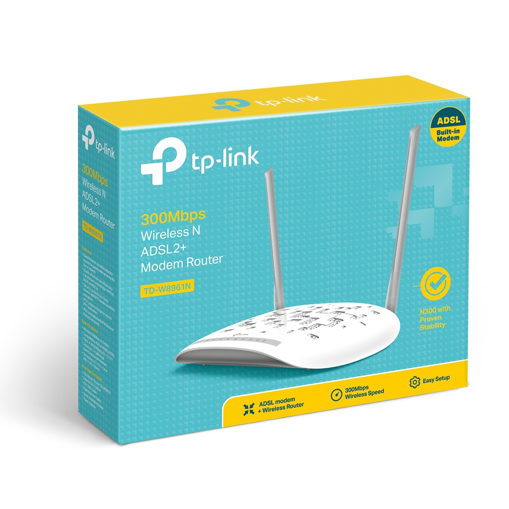 Scatola di un router bianco e blu con due antenne.