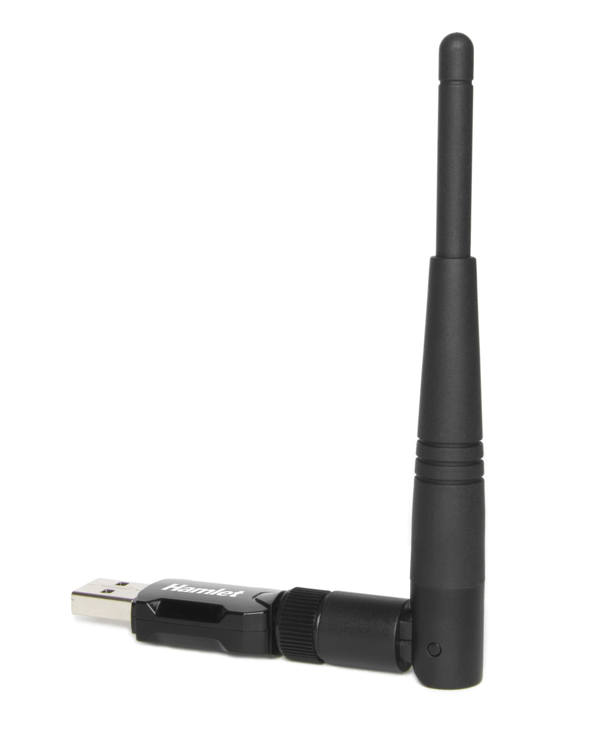 Czarny bezprzewodowy adapter USB z anteną, stojący na białej powierzchni.