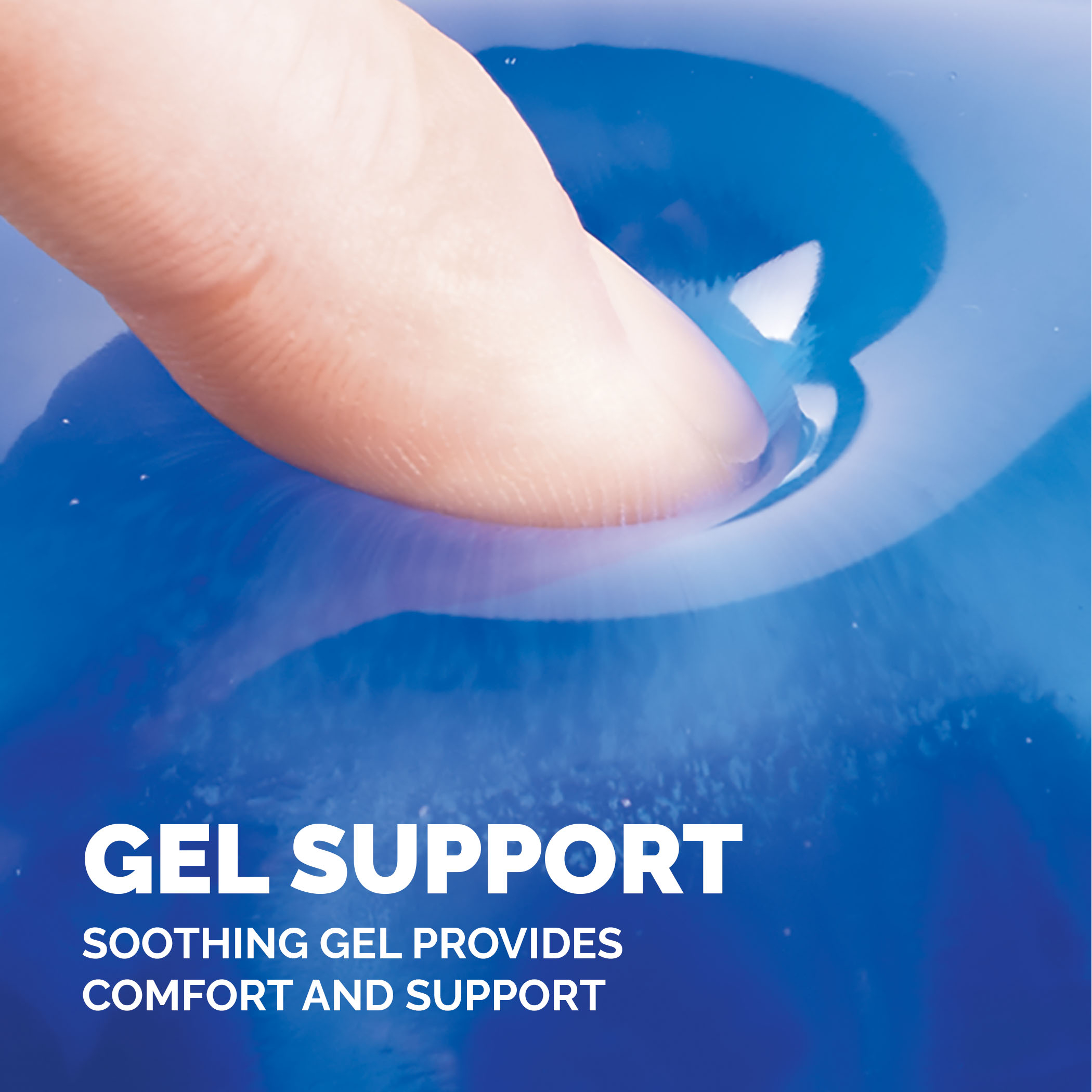 Un dedo presionando gel azul. Texto: GEL SUPPORT, EL GEL CALMANTE PROPORCIONA CONFORT Y SOPORTE.