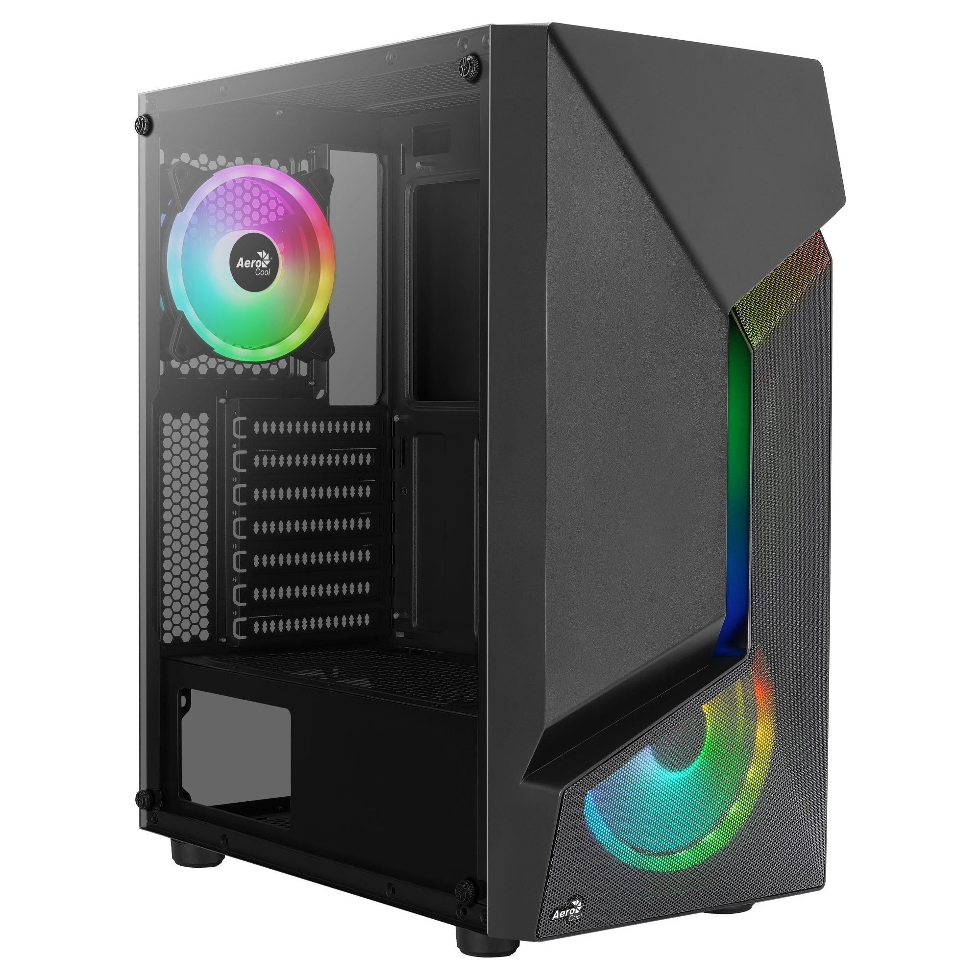 Schwarzes Computergehäuse mit RGB-Lüfter und Beleuchtung, Seitenansicht.