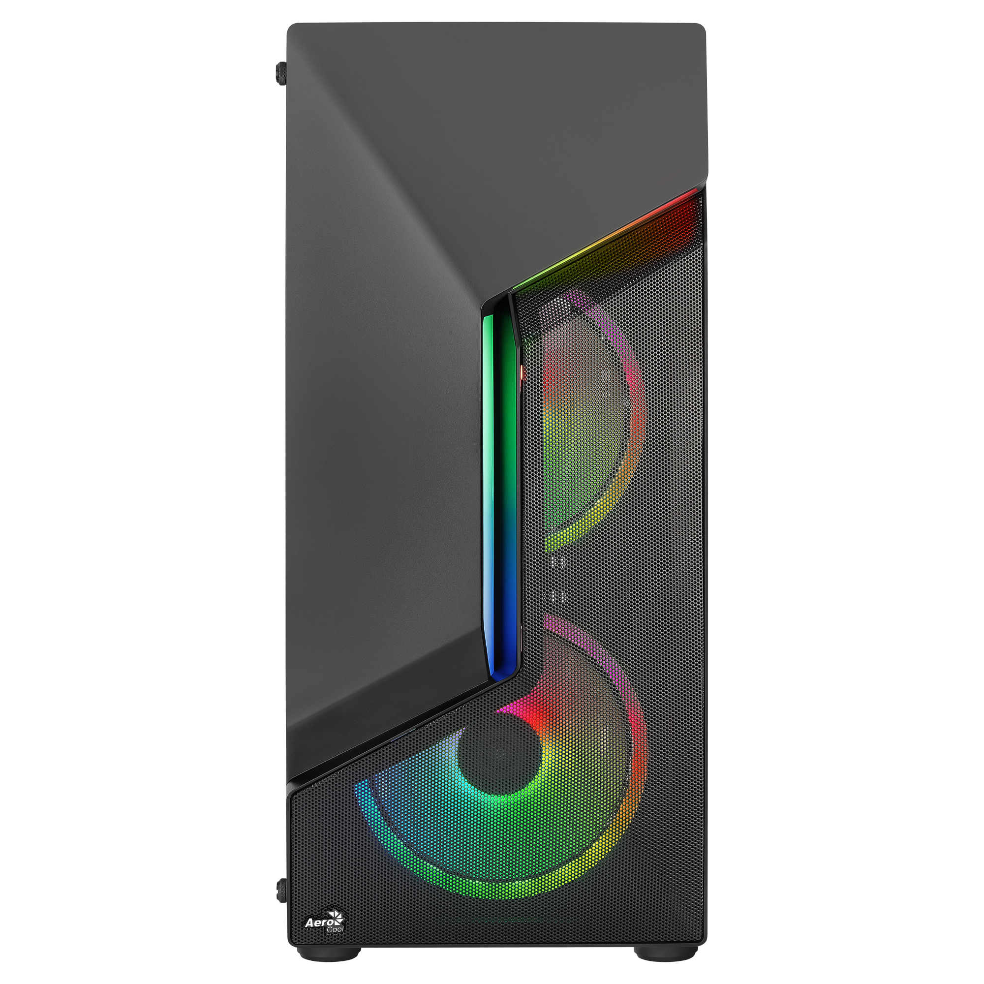 Schwarzes PC-Gehäuse, Frontansicht. Mit Glas-Seitenwand und RGB-beleuchteten Lüftern.