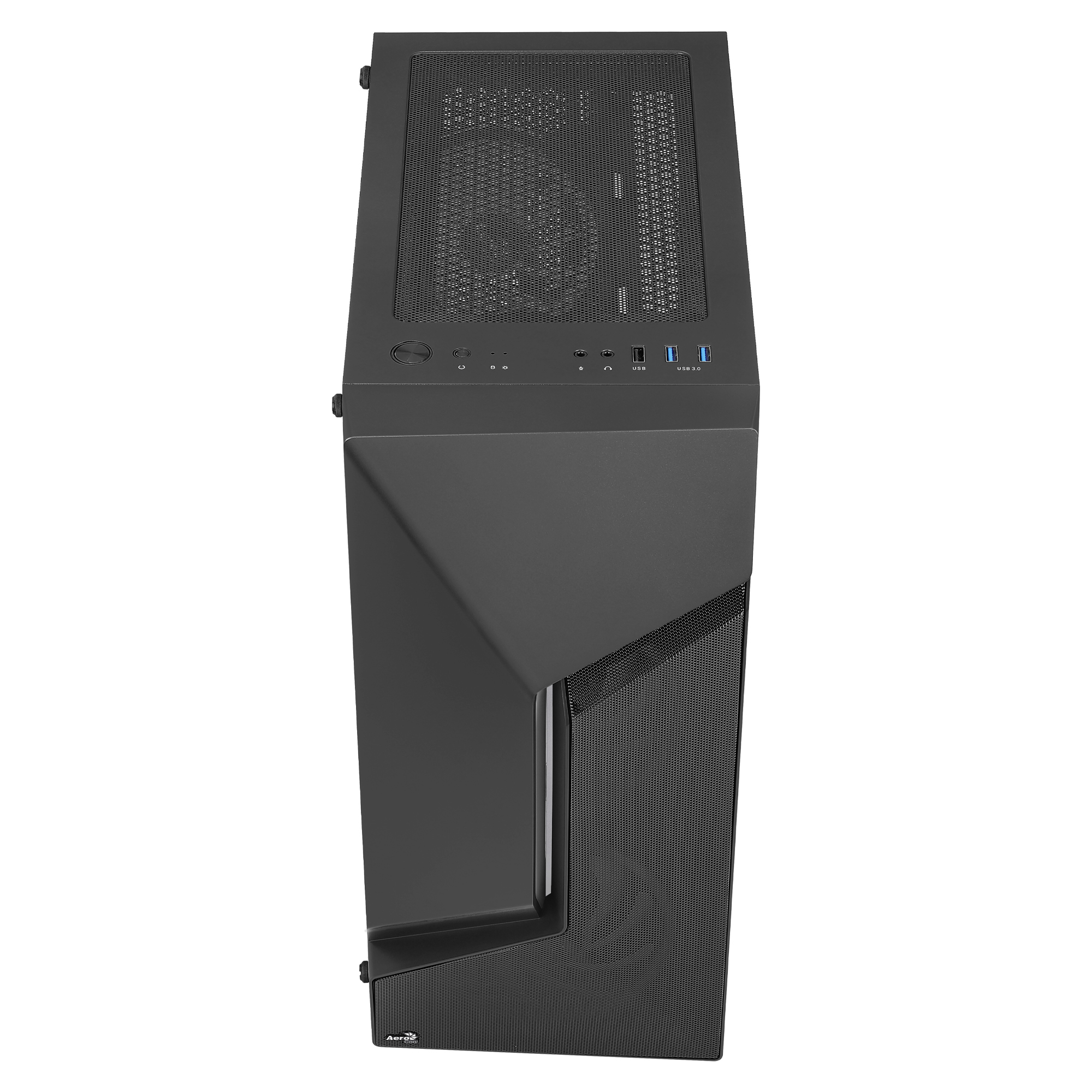 Schwarzes Computergehäuse, schräge Draufsicht, zeigt das obere Panel mit Anschlüssen und Mesh.