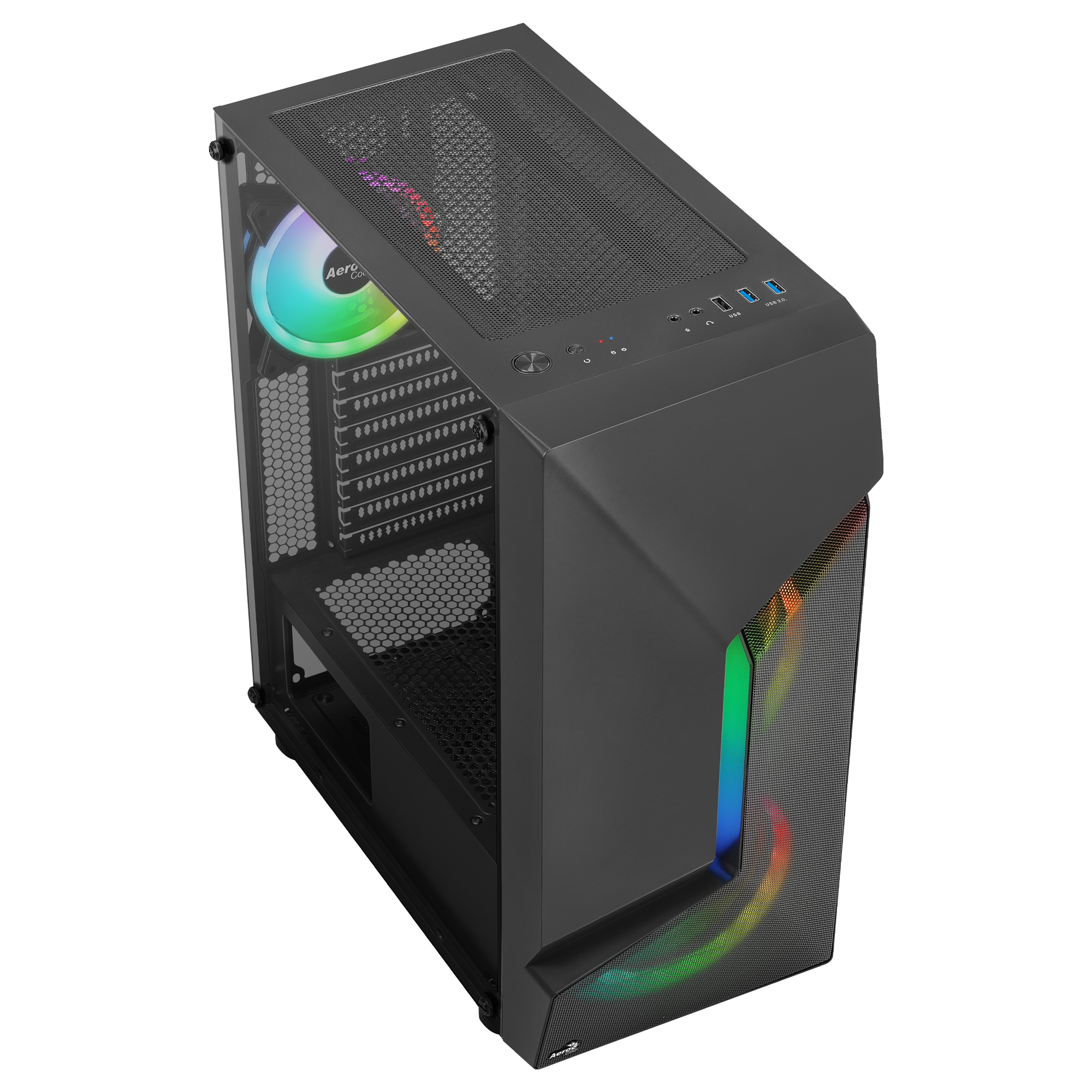 Schwarzes Computergehäuse mit RGB-Beleuchtung und Mesh-Front.