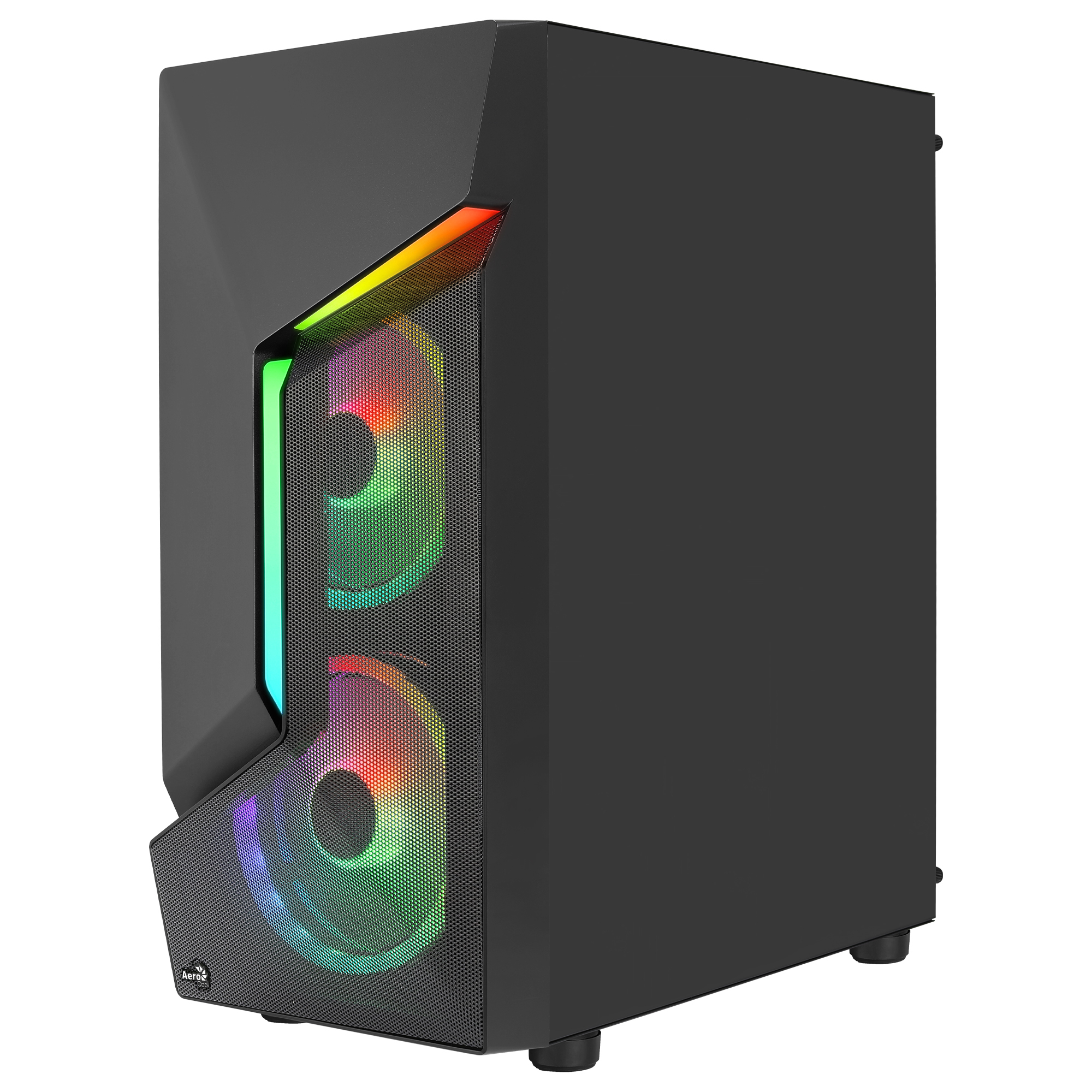 Schwarzes Computergehäuse mit RGB-Beleuchtung. Mit Frontlüftern mit farbenfroher Lichtanzeige. Schlank und modern.