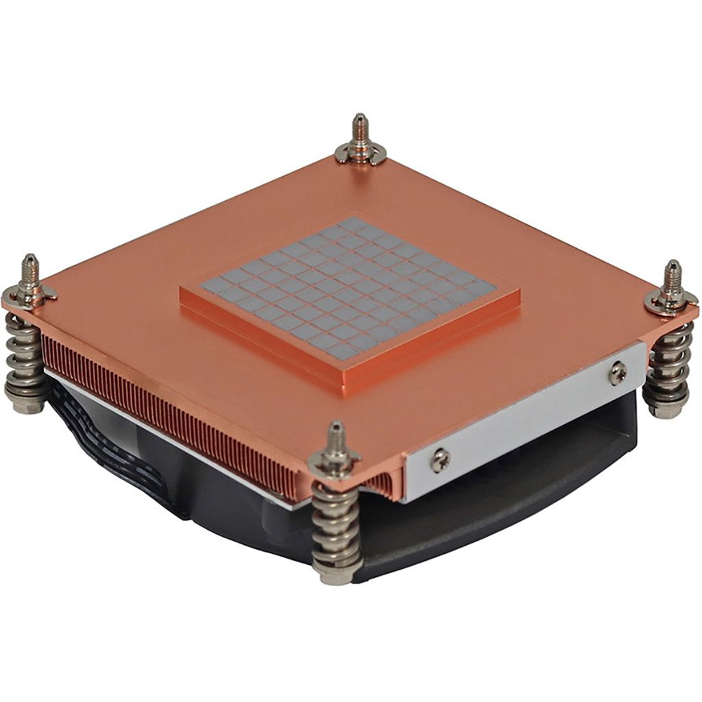 Miedziane chłodzenie procesora z kwadratową powierzchnią chłodzenia i wentylatorem na spodzie.