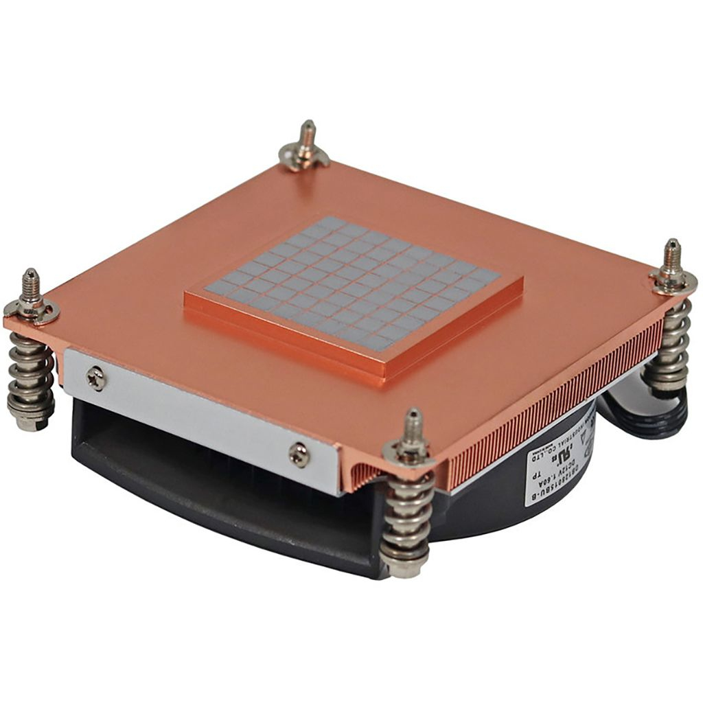 Chłodnica procesora w kolorze miedzi z wentylatorem i kwadratowym radiatorem.