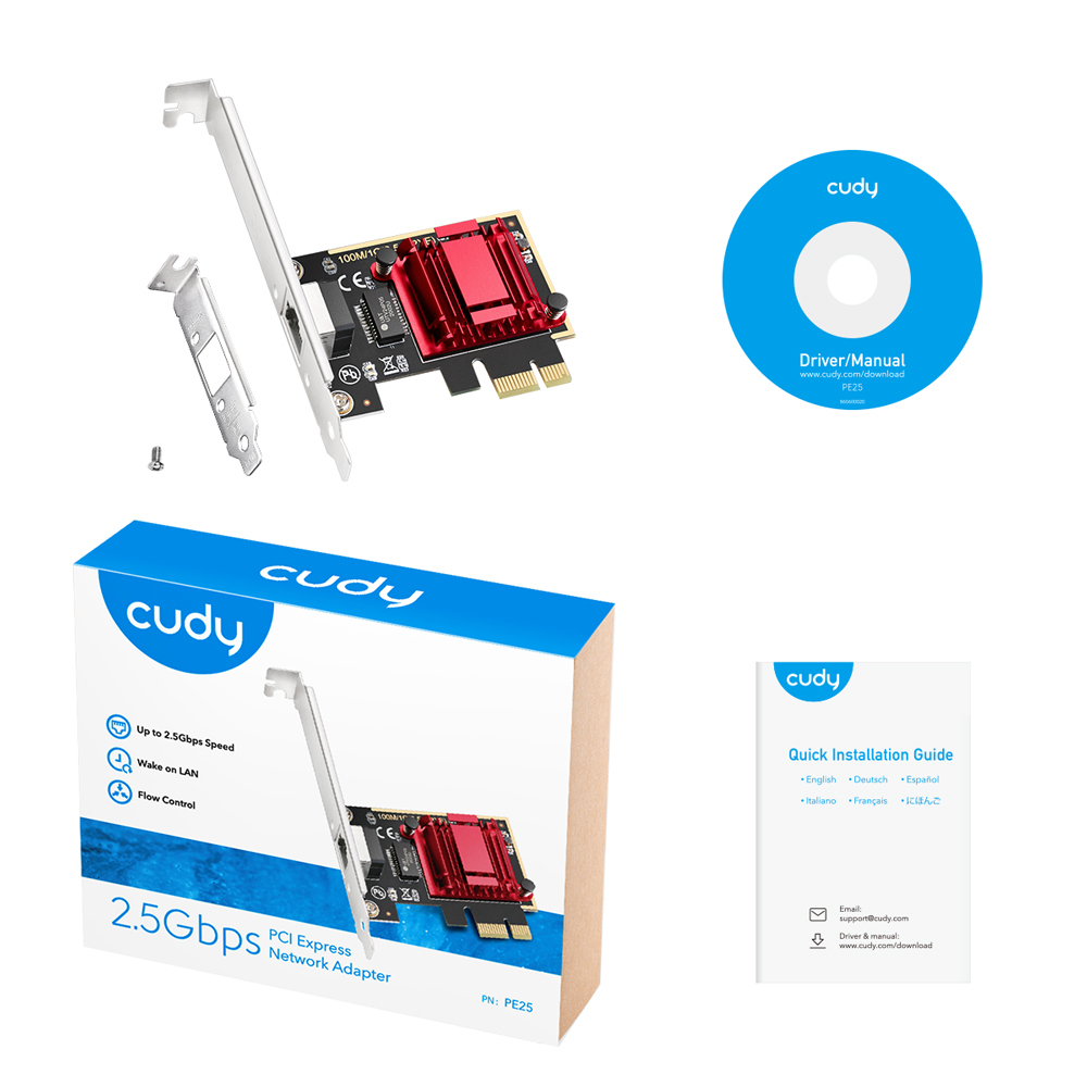 Ein Netzwerkadapter in einer Box, eine CD und eine Kurzanleitung.