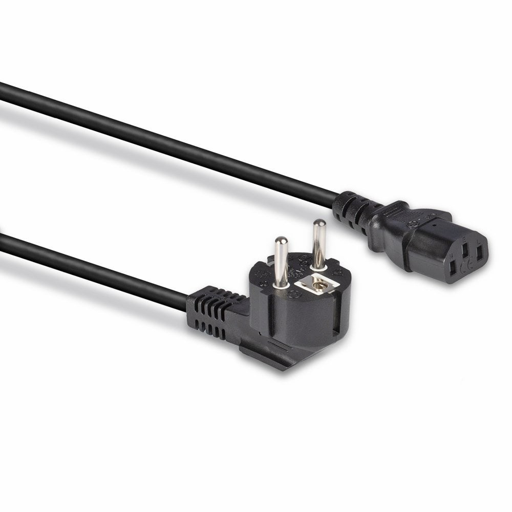 Czarny kabel zasilający z wtyczką europejską na jednym końcu i trójpinowym złączem na drugim.
