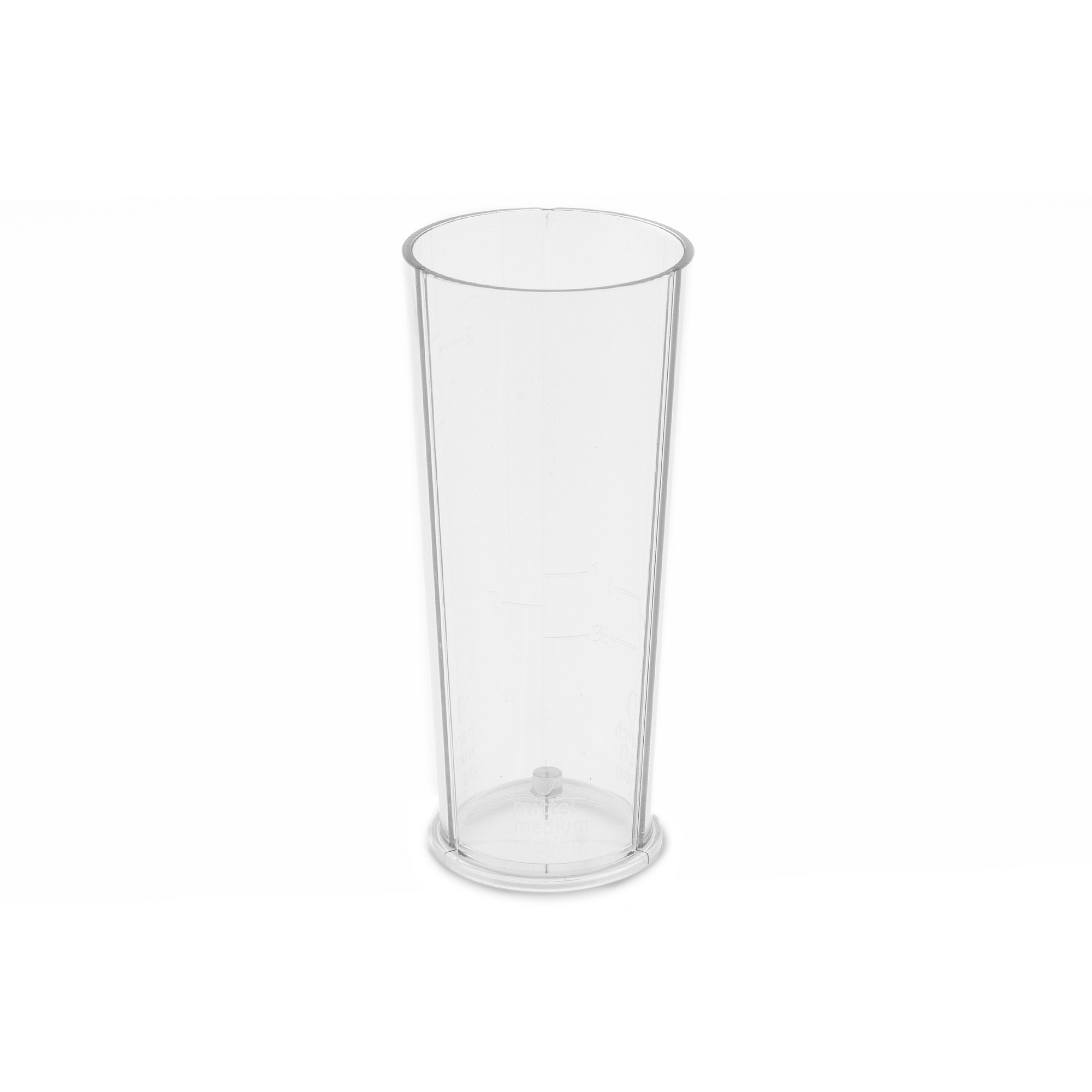 Wysoki, przezroczysty plastikowy zlewka. Ma małą podstawę i szeroki otwór. Stoi na białym tle.