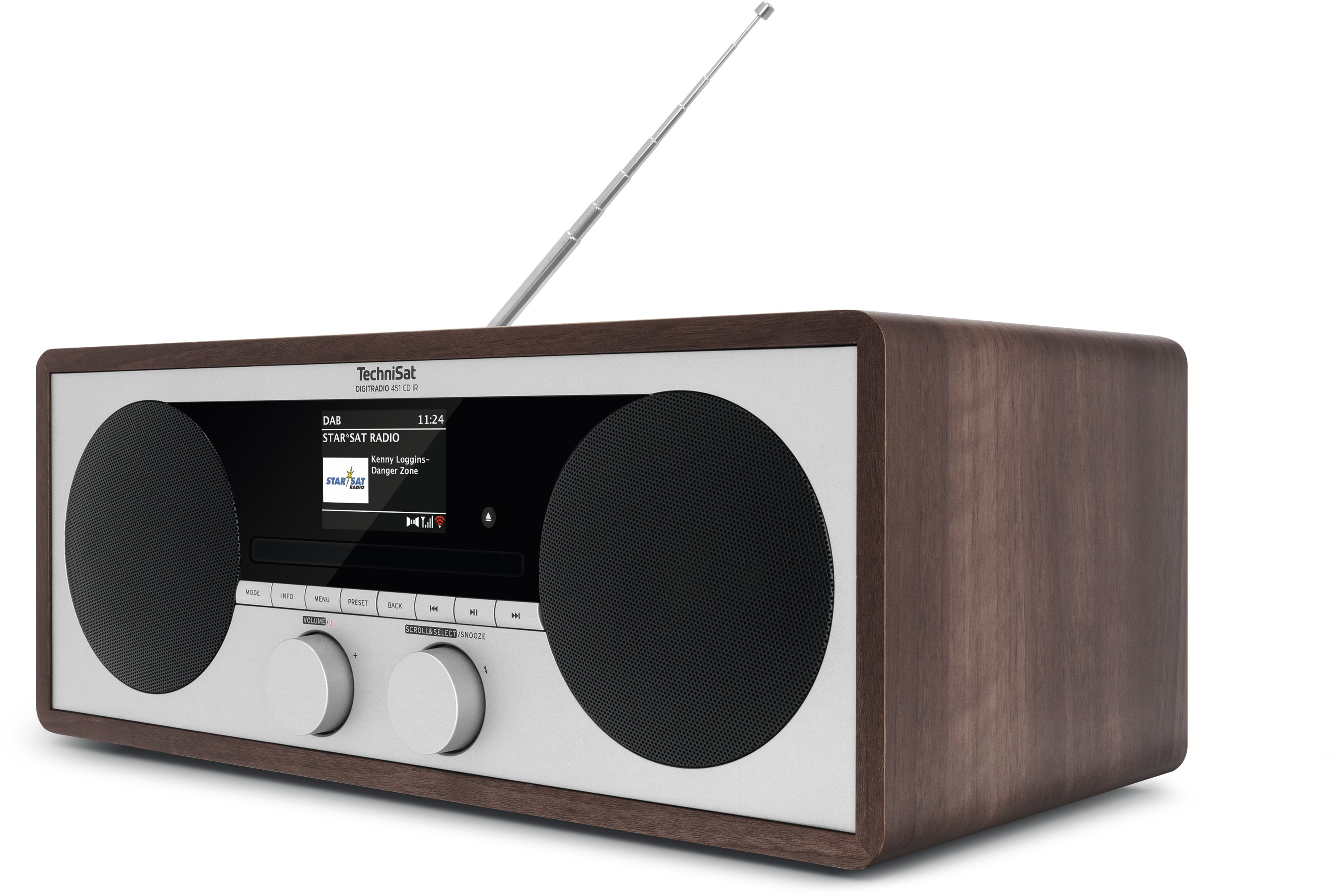 A wooden TechniSat radio with a black screen and silver knobs. The radio has a silver antenna.
