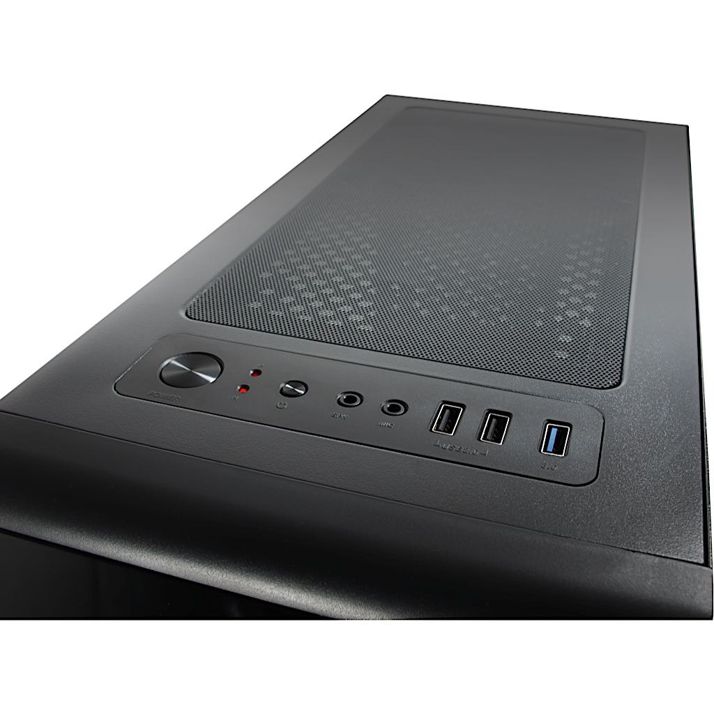 Czarna obudowa komputera, widok z góry. Porty na panelu przednim i siatkowa góra. Funkcjonalny i prosty design.