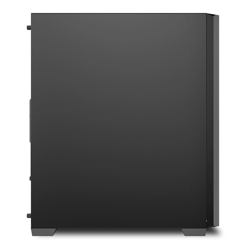 Vista laterale di un case per computer nero. Il lato è semplice senza caratteristiche visibili.