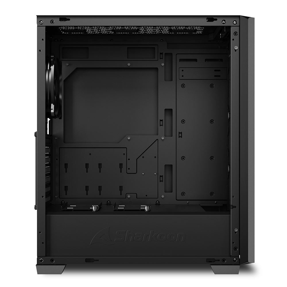 Interno di un case per computer nero, che mostra il layout, i punti di montaggio e il marchio Sharkoon.