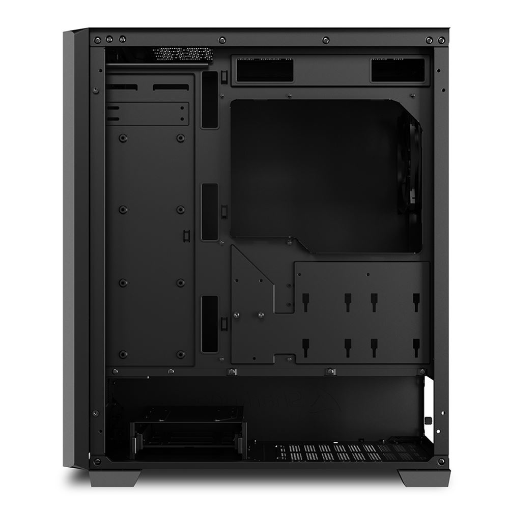 Interno di un case per computer nero, che mostra la parte posteriore, con vari punti di montaggio e aperture.
