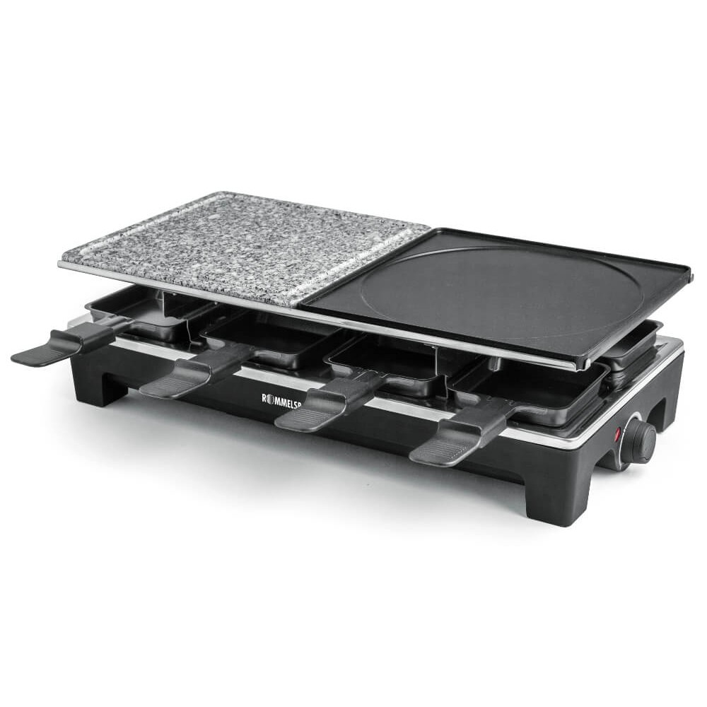 Grill do raclette z dwiema powierzchniami do gotowania: jedną granitową, jedną czarną. Czarna podstawa z kontrolkami.