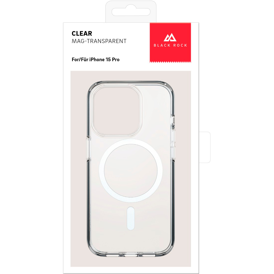 Una custodia trasparente per iPhone 15 Pro nella sua confezione. La custodia è trasparente.