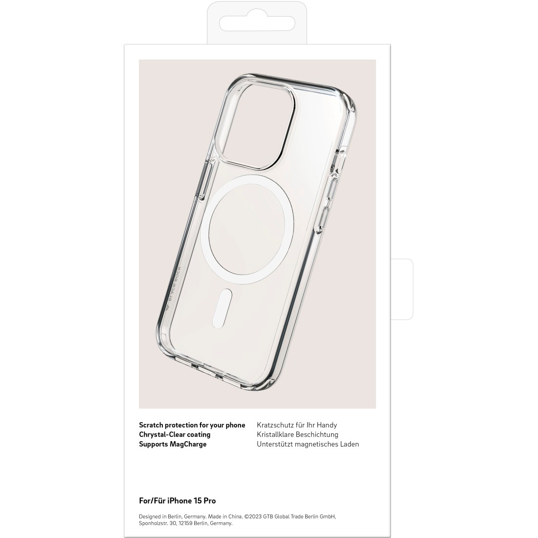 Custodia trasparente nella confezione. Supporta MagSafe, rivestimento trasparente. Testo sulla scatola.