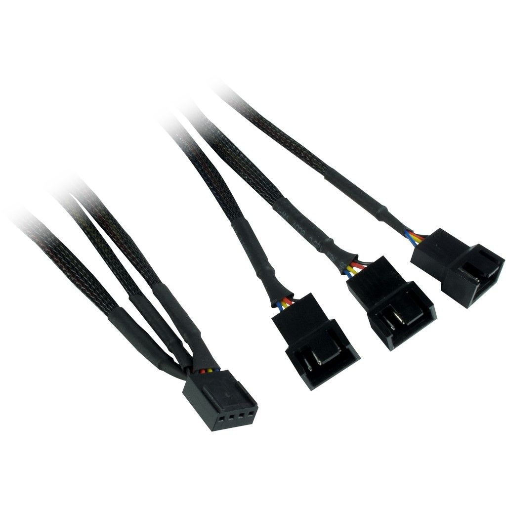 Cztery czarne kable wentylatora komputerowego ze złączami. Białe tło.