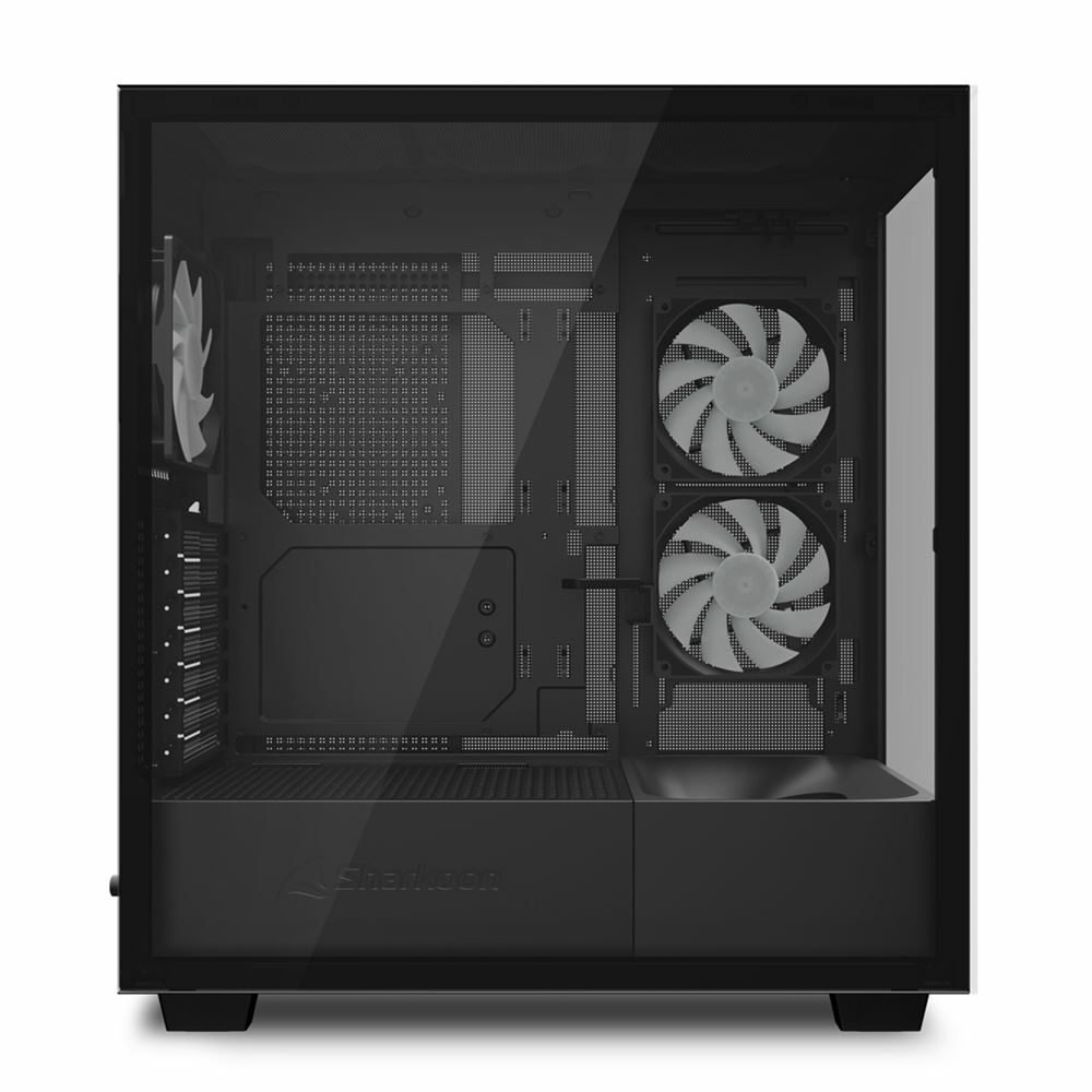Schwarzes Computergehäuse-Innenteil mit zwei sichtbaren Lüftern. Glas-Seitenwand zur Ansicht.